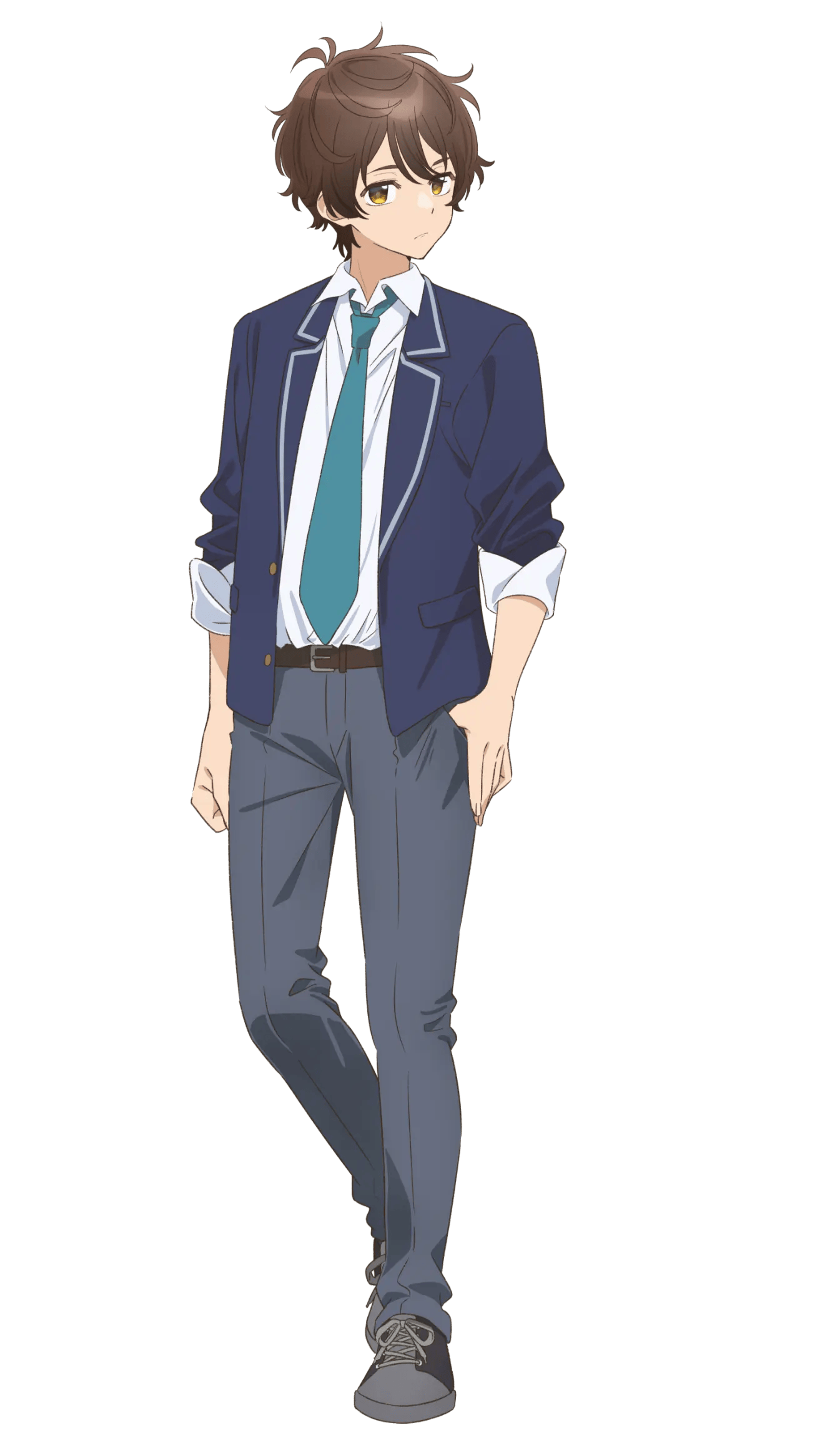 A young man in a suit jacket and pants standing in a casual pose