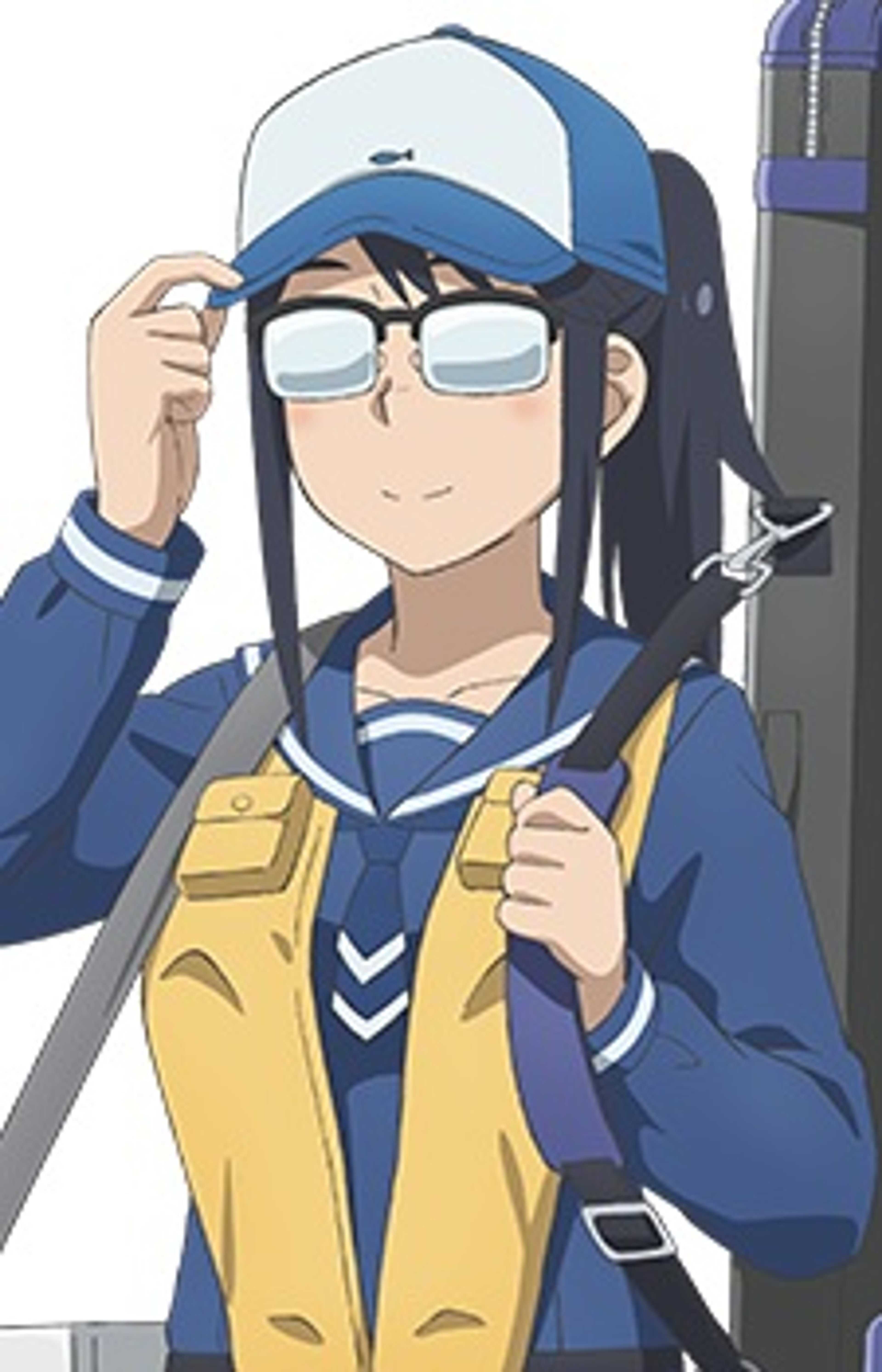 A young woman with glasses and a baseball cap holding fishing equipment