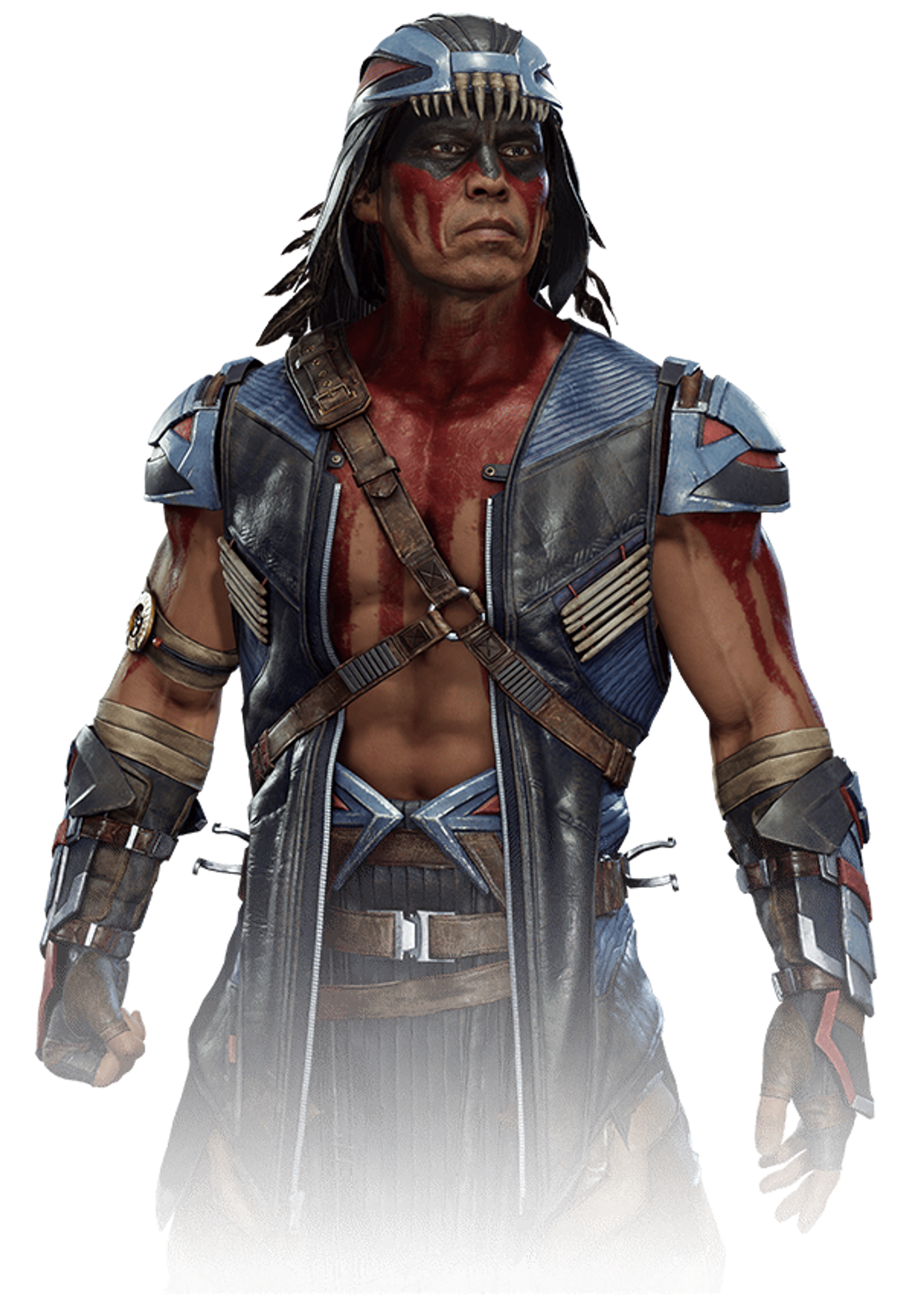 A powerful Native American warrior or shaman with traditional war paint and an athletic, muscular build.