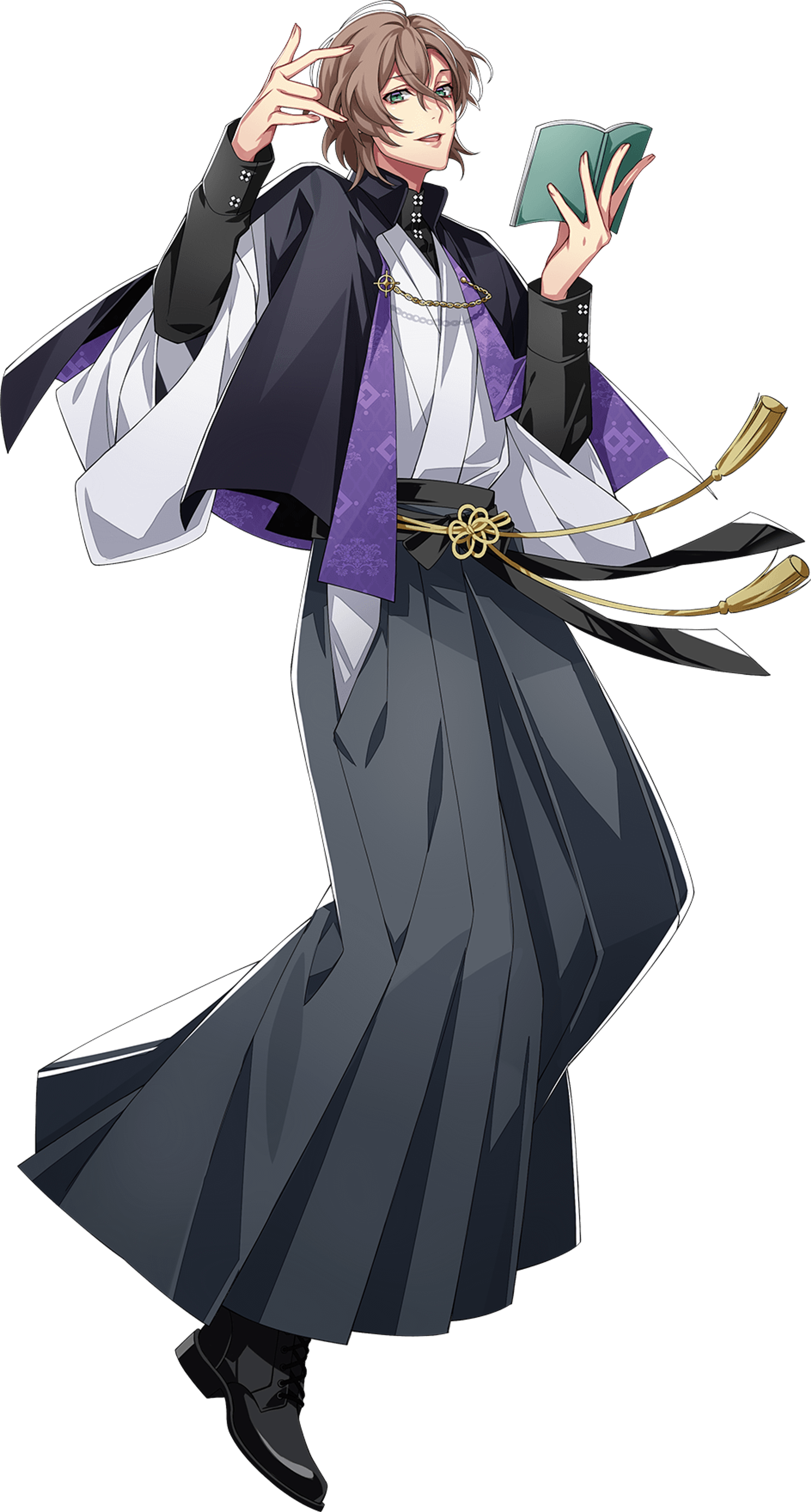 An anime-style character in a long, flowing robe holding a book or scroll