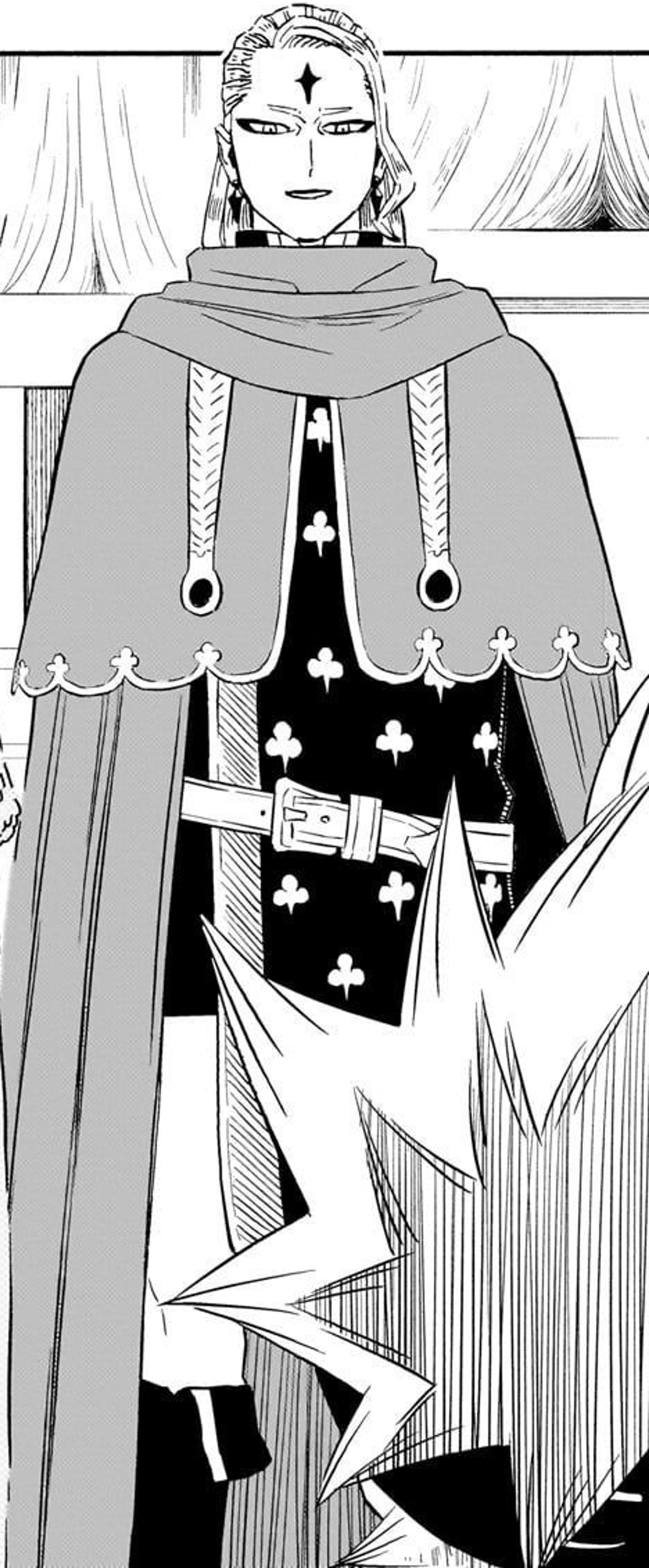 A man with long, red hair and a fire-based right arm, wearing a white tunic, blue shirt, purple sash, and red cape.