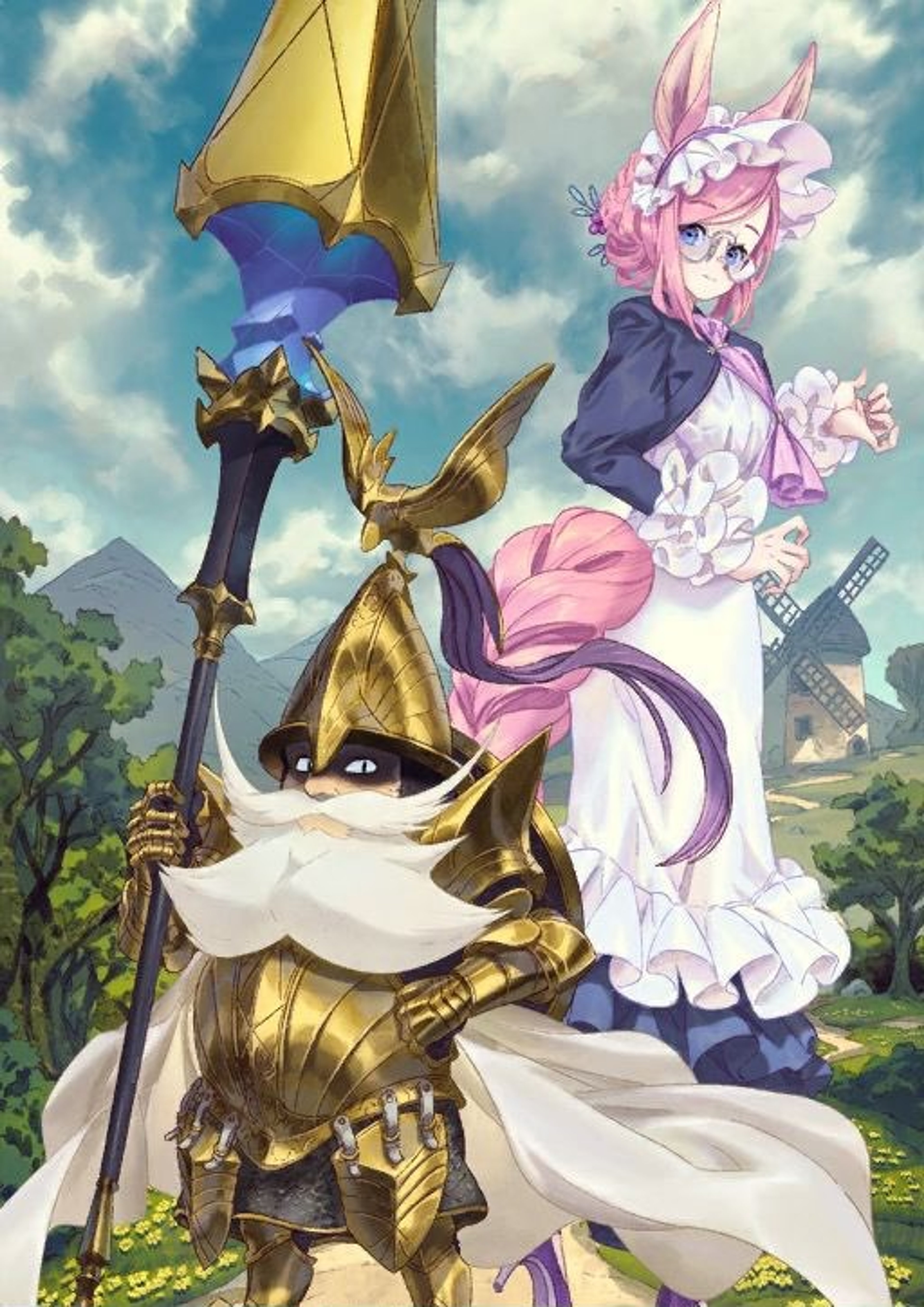 A fantastical character resembling Don Quixote, the knight-errant from Spanish literature, in golden armor and wielding a lance, with a pink-haired companion in a pastoral landscape.