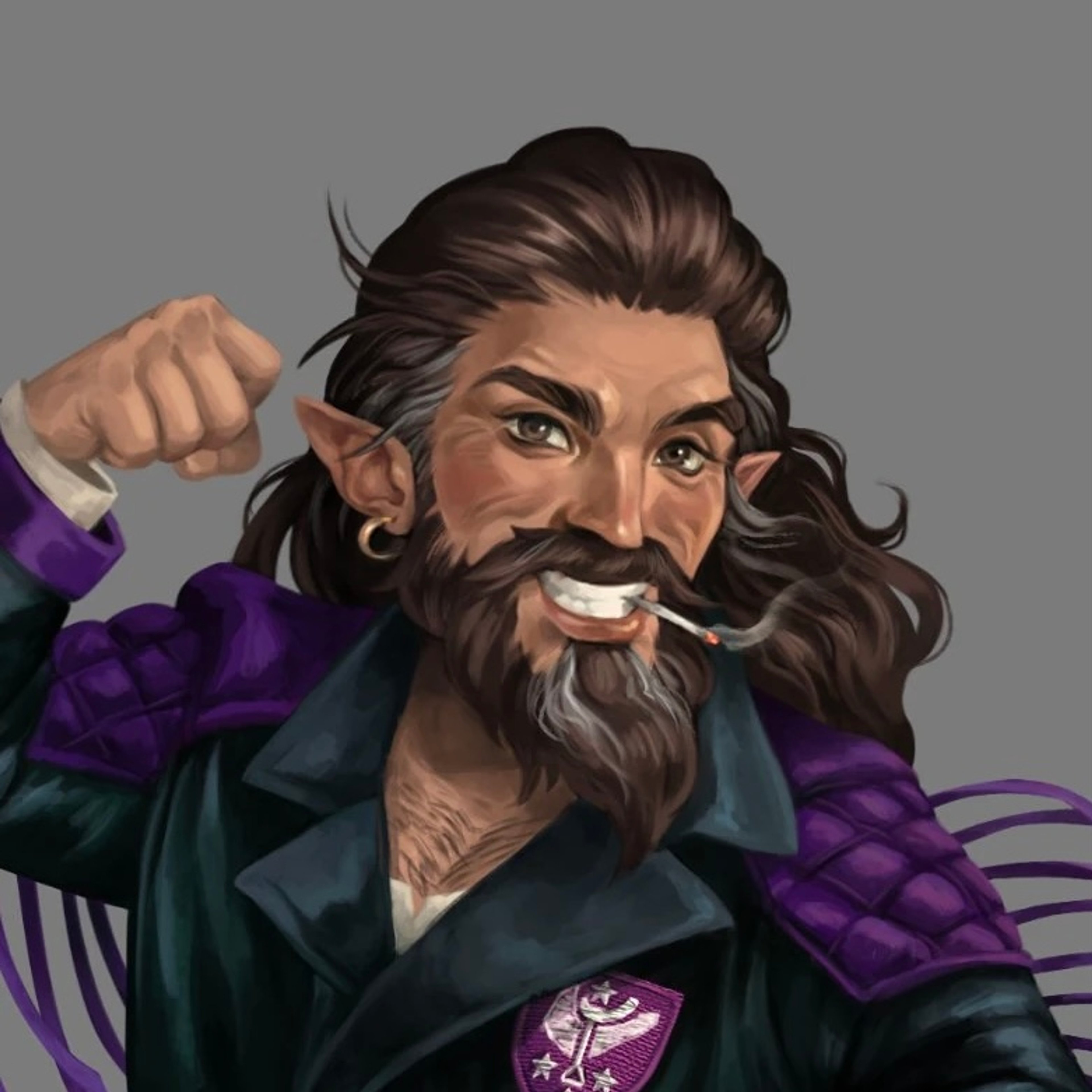 A detailed illustration of a charismatic, bearded gnome bard named Scanlan Shorthalt.