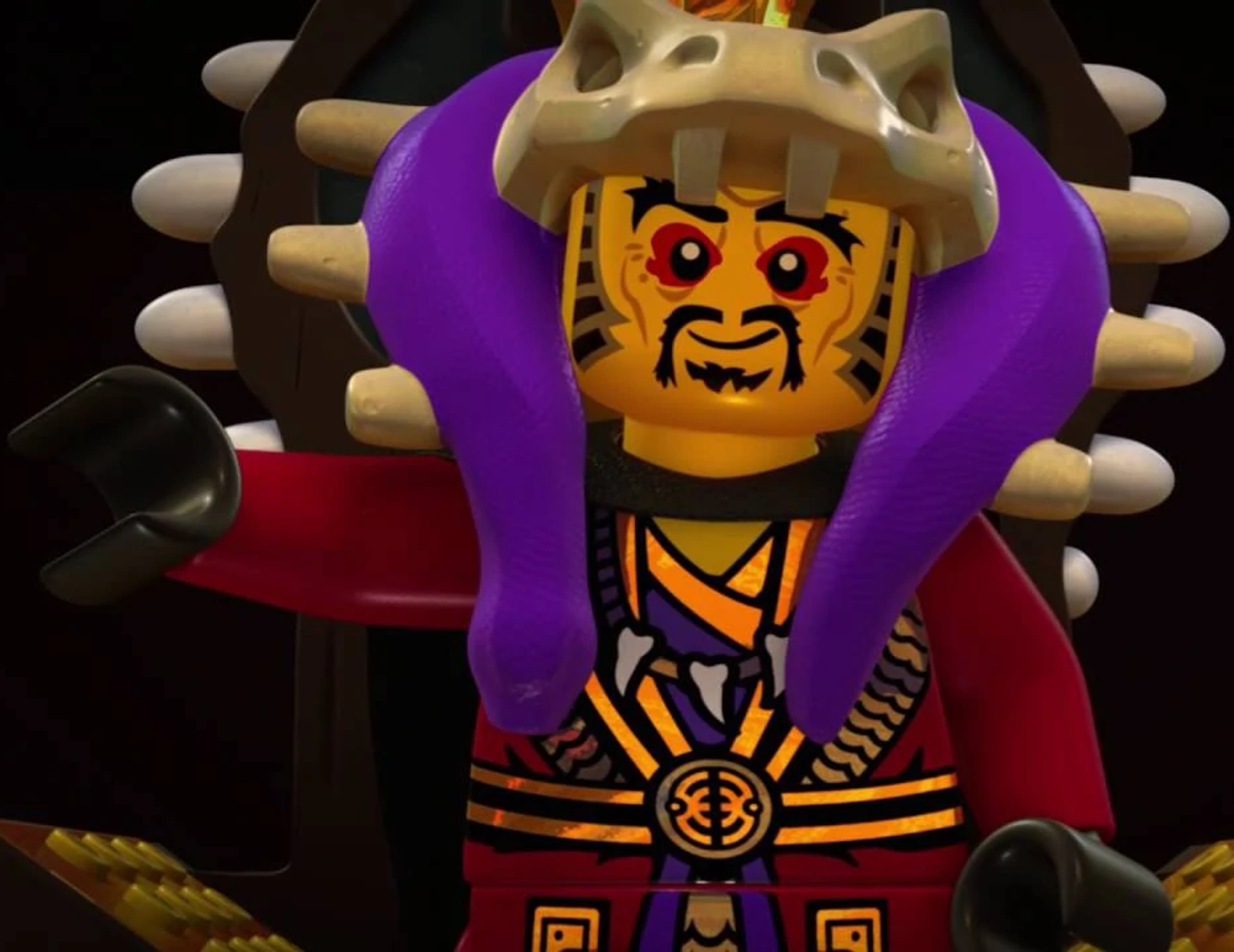 An animated character with a reptilian appearance wearing a purple robe