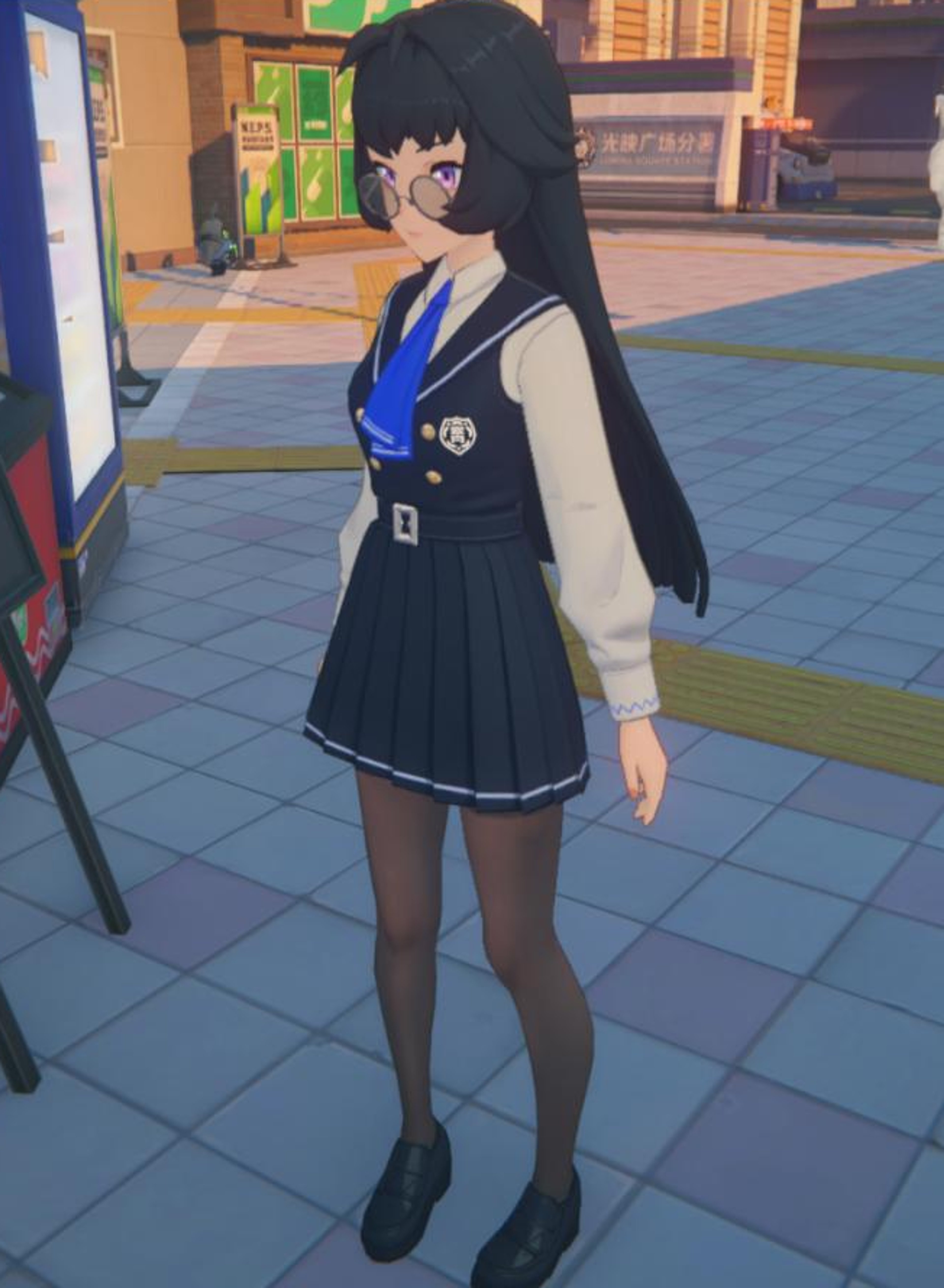 A young woman in a school uniform standing in an urban setting