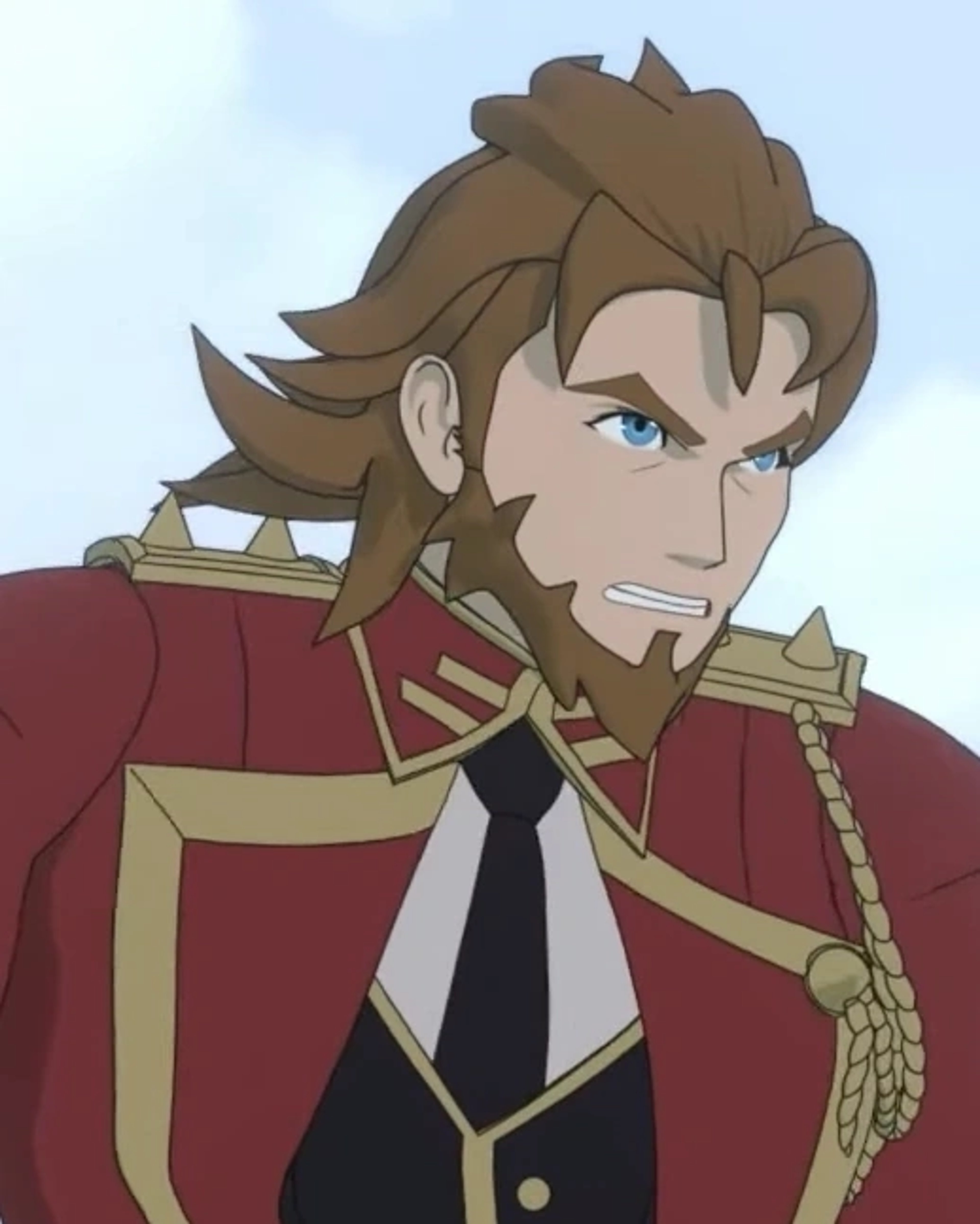 An animated male character in a red jacket with gold accents