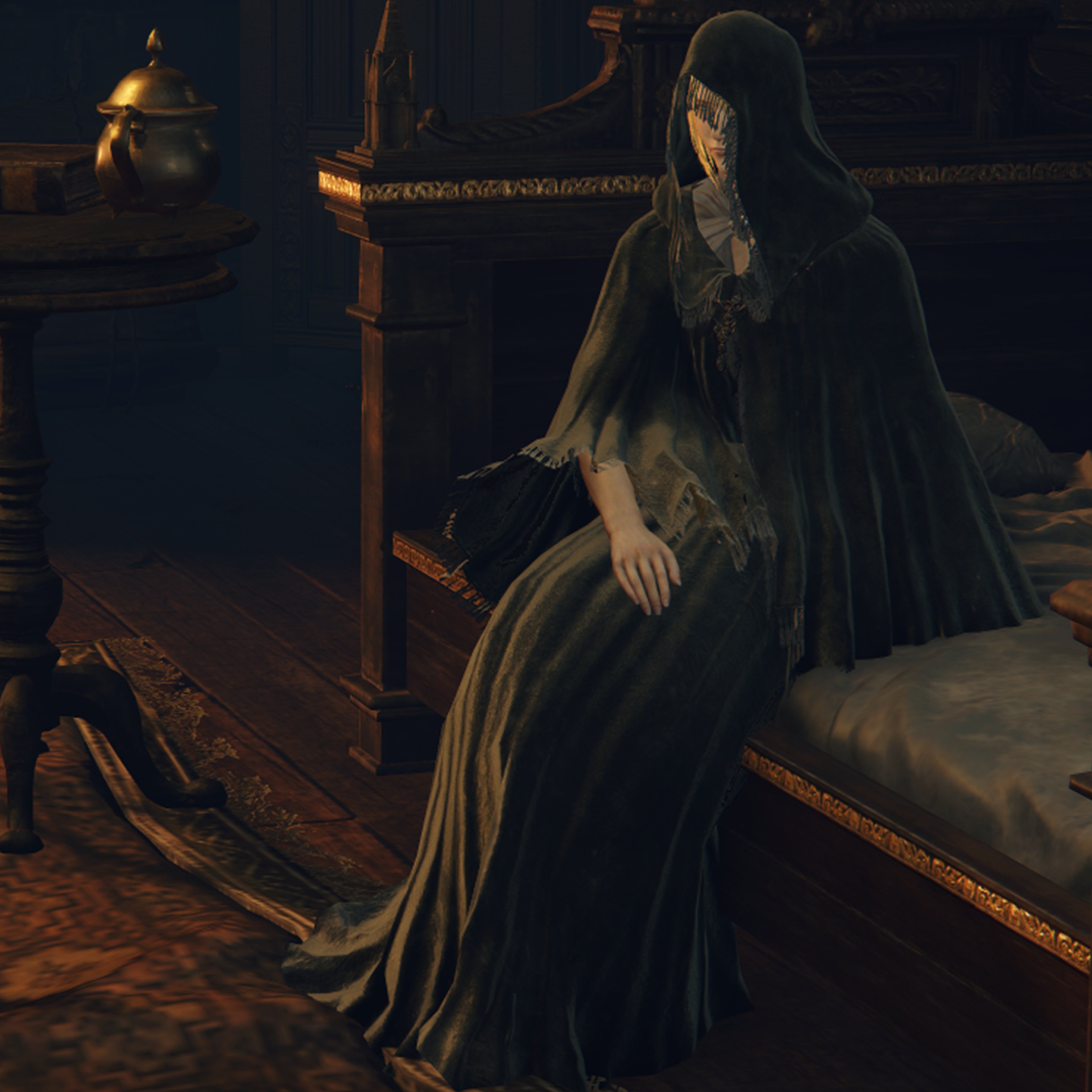 A mysterious woman in a dark hooded cloak standing in a dimly lit, ornate room.