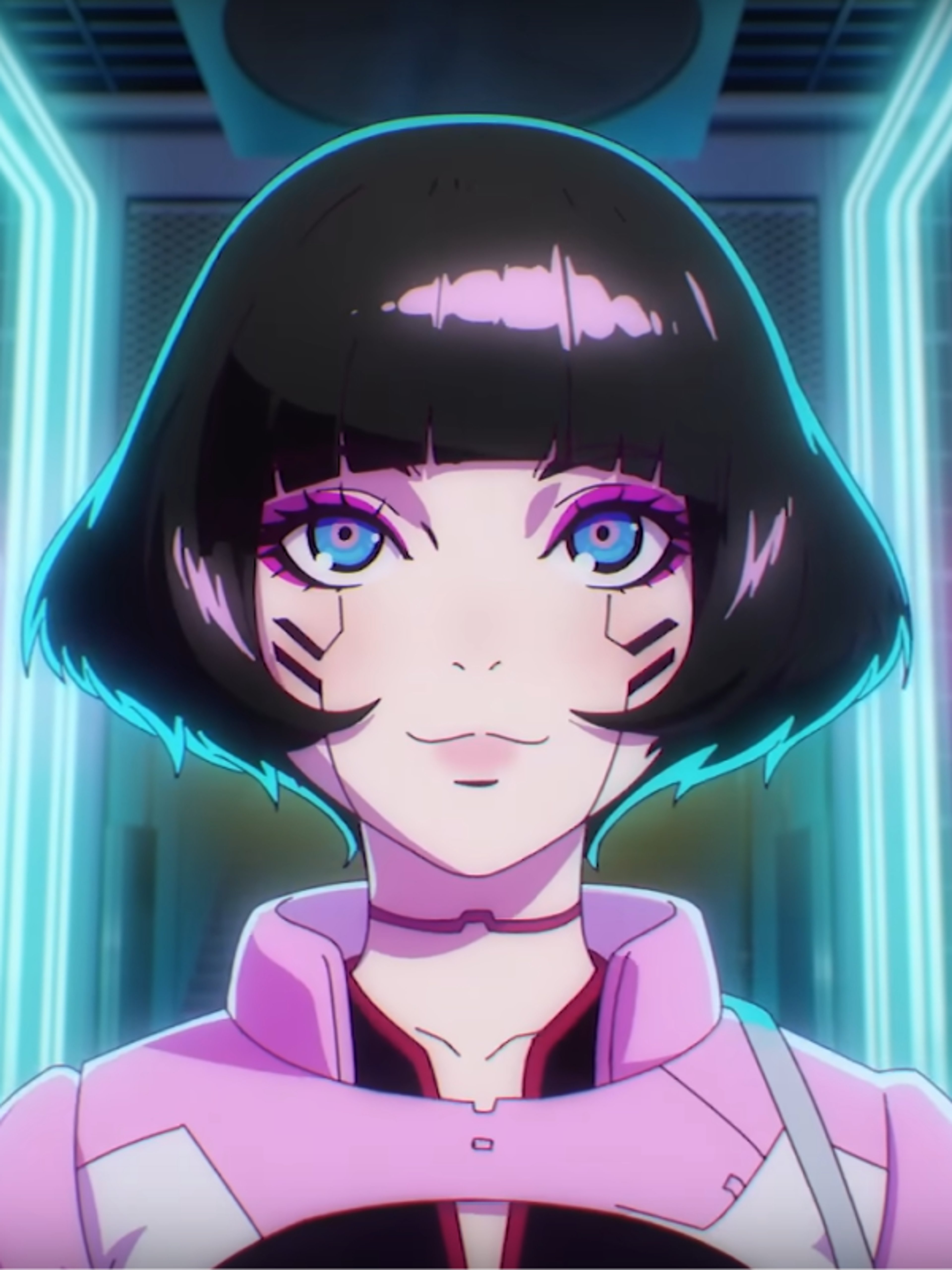 An anime-style character with blue and pink eyes and short black hair wearing a pink shirt or jacket