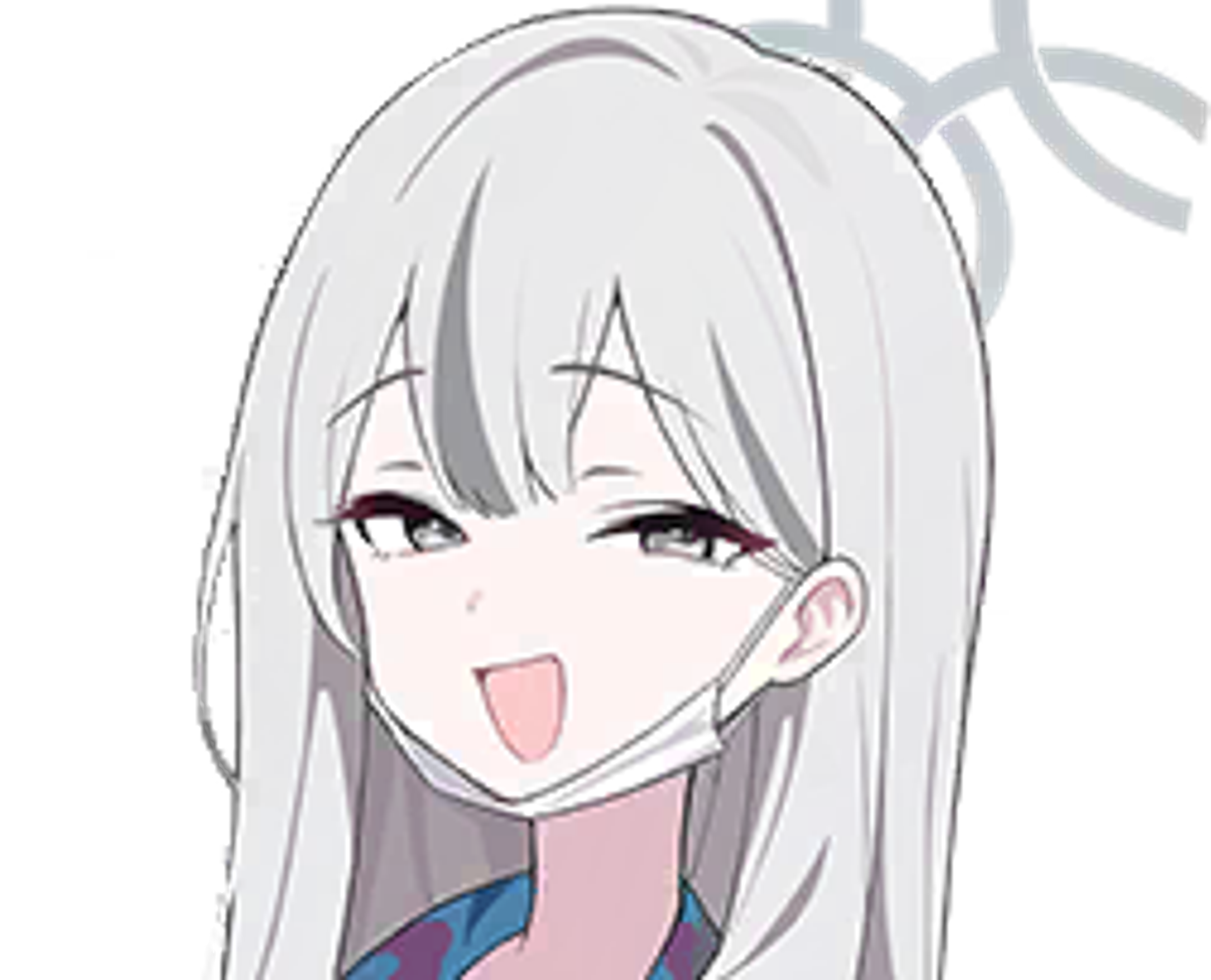 An anime-style character with light grey hair, grey eyes, and a grey flower-shaped halo, wearing a casual outfit of a Hawaiian shirt, tie, mini-skirt, and oversized jacket.