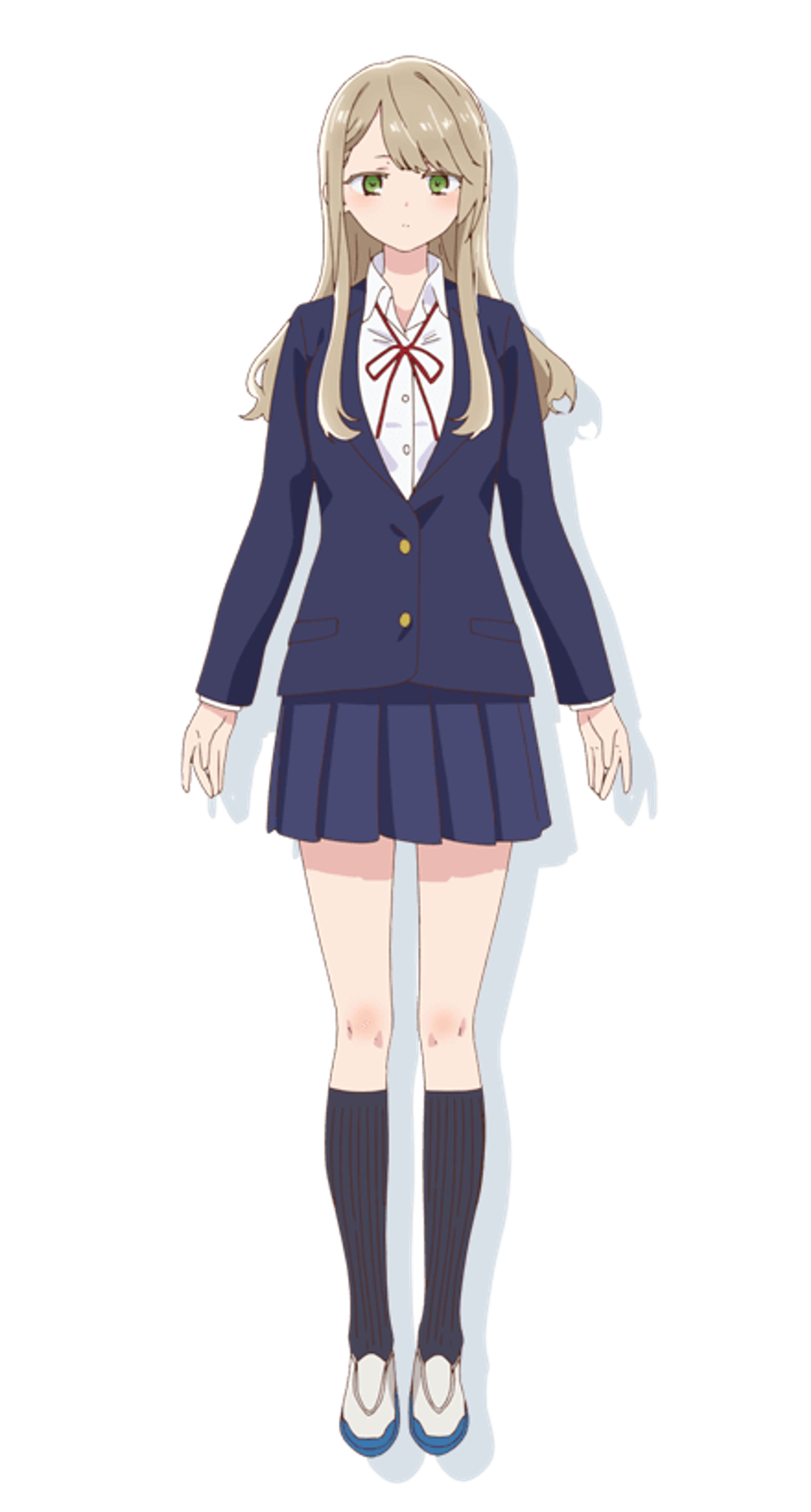 An anime-style character with long blonde hair and green eyes, wearing a school uniform.