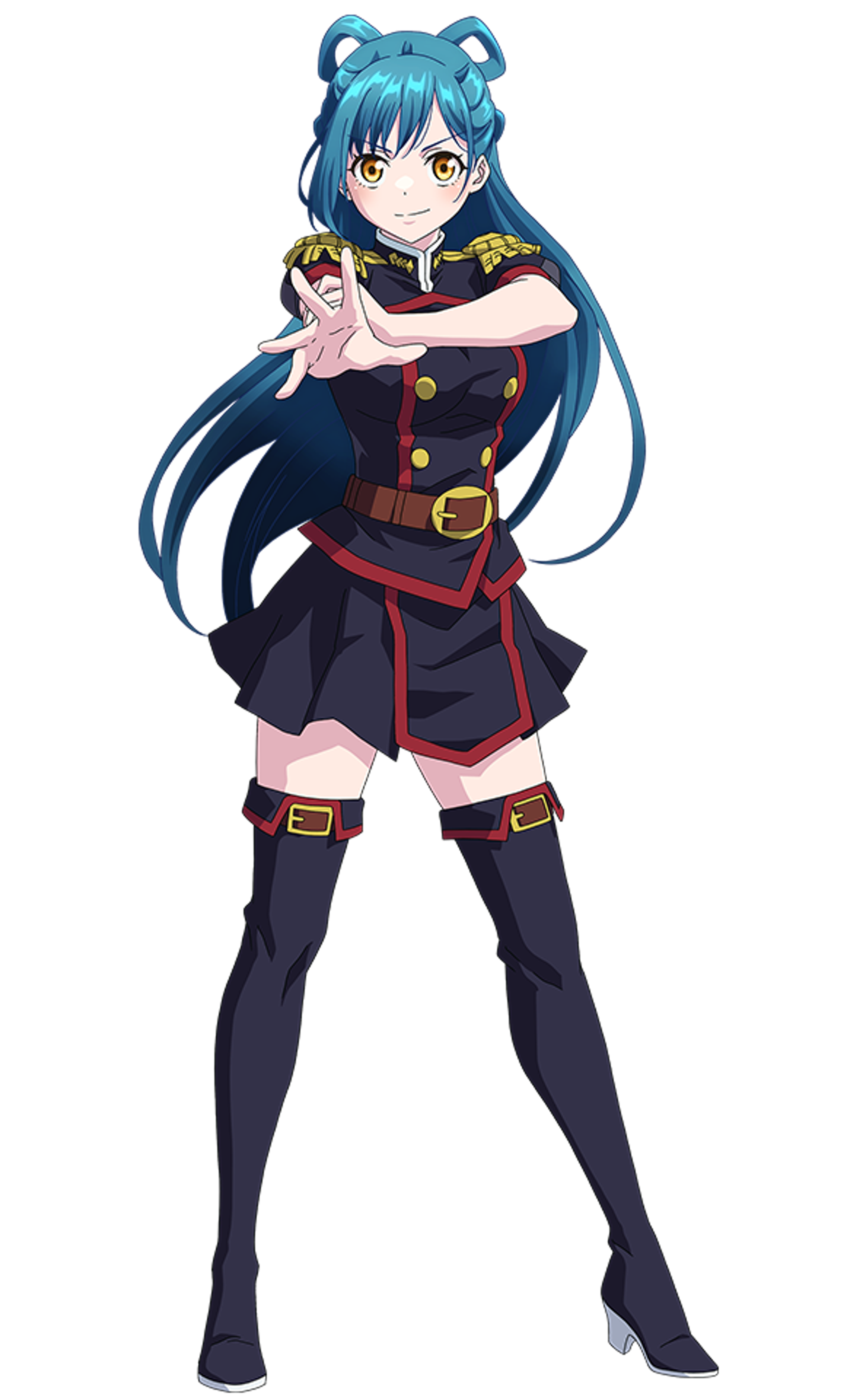 An anime-style character with blue hair, yellow eyes, and a black and red outfit, posing in a confident stance.