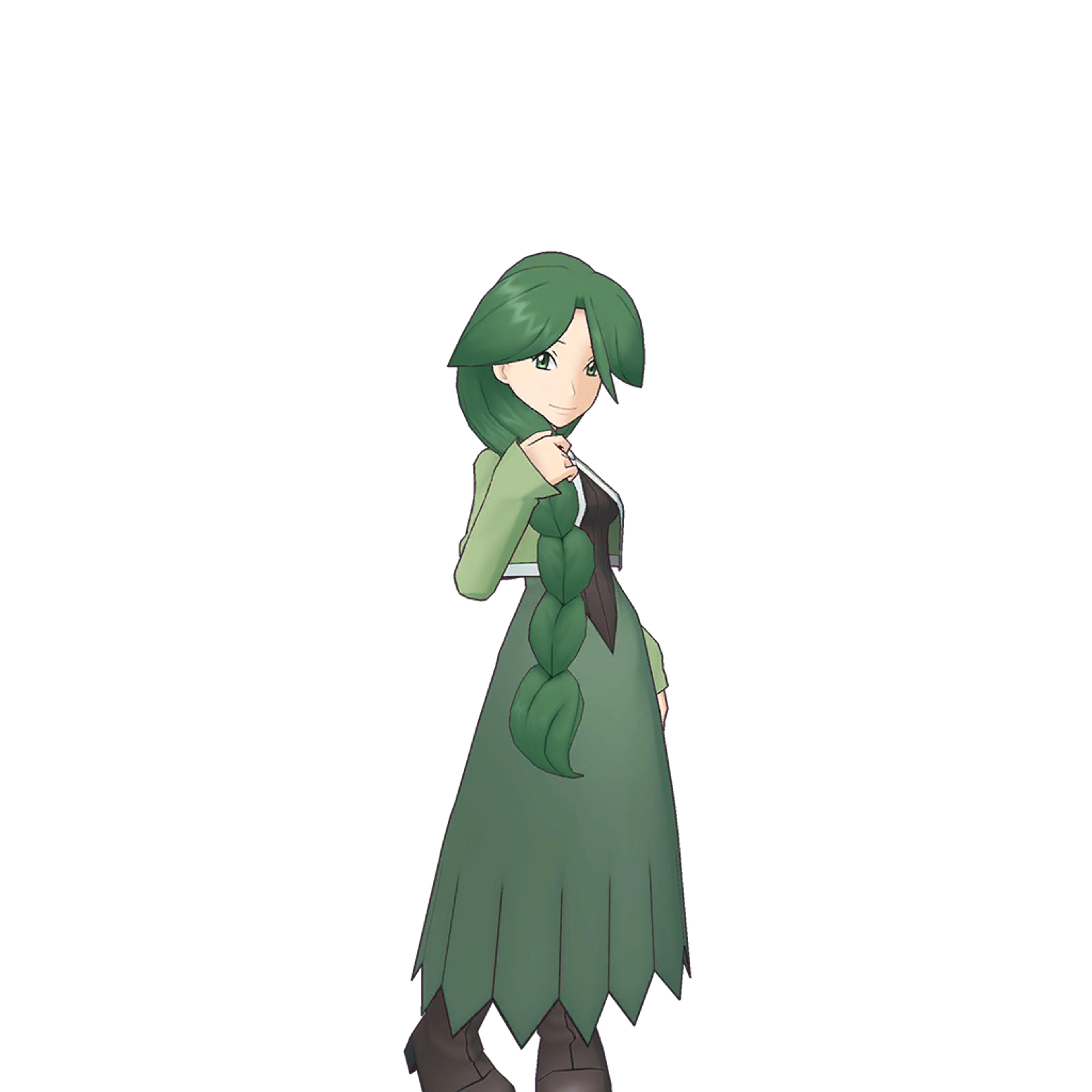 A female Pokémon Trainer with green hair wearing a green dress