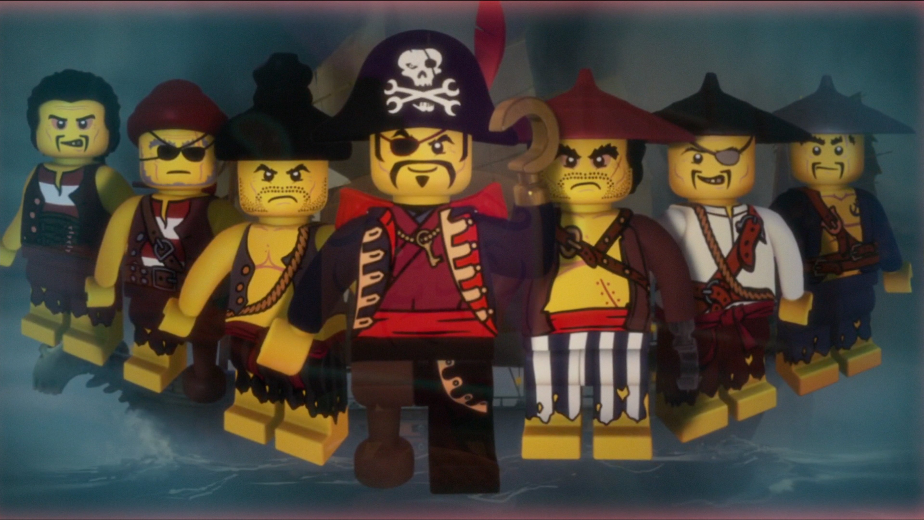 A group of Lego-style pirate characters, including a blindfolded character named 'No-Eyed Pete'.