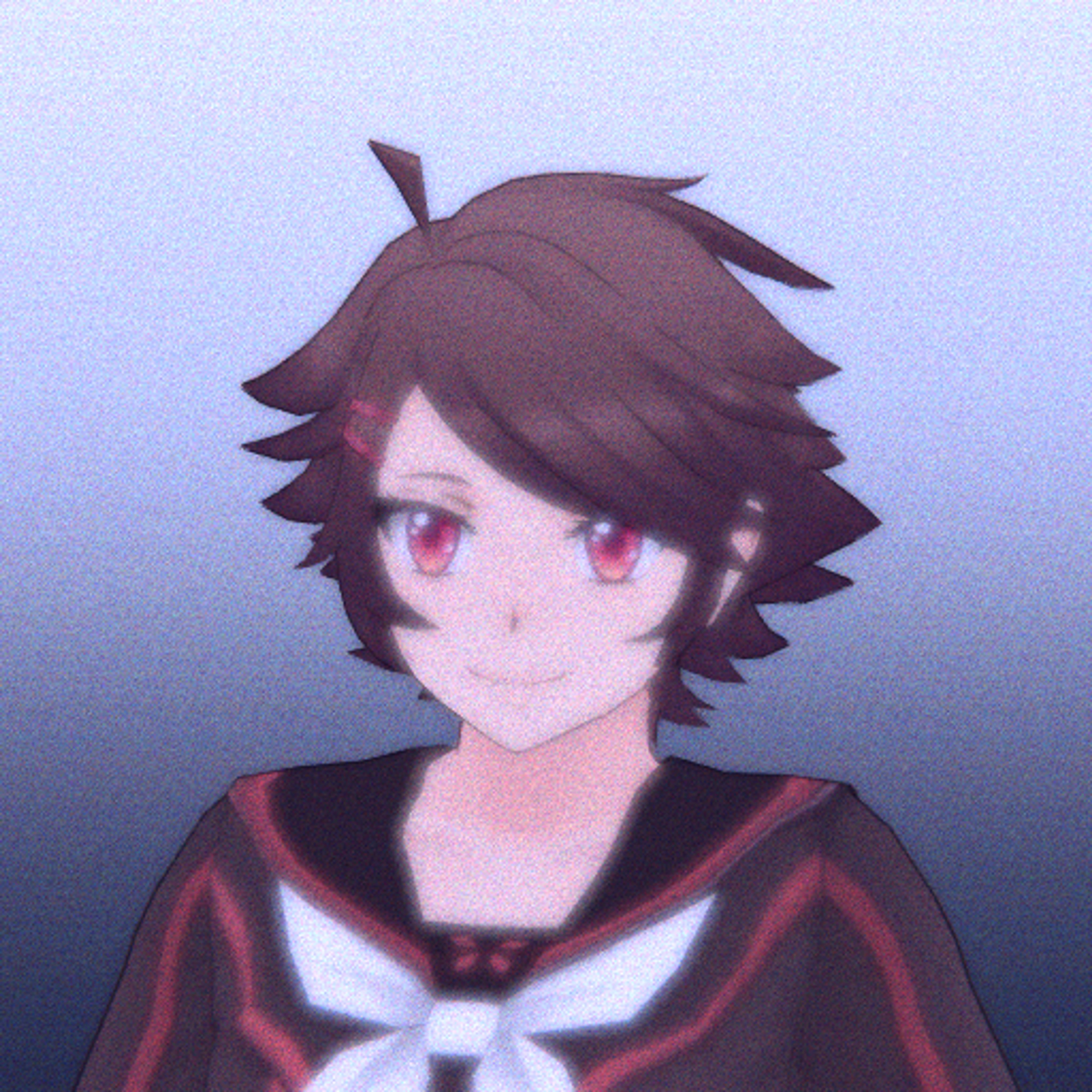 A young woman with spiky brown hair and red eyes wearing a school uniform with bandages on her hands.