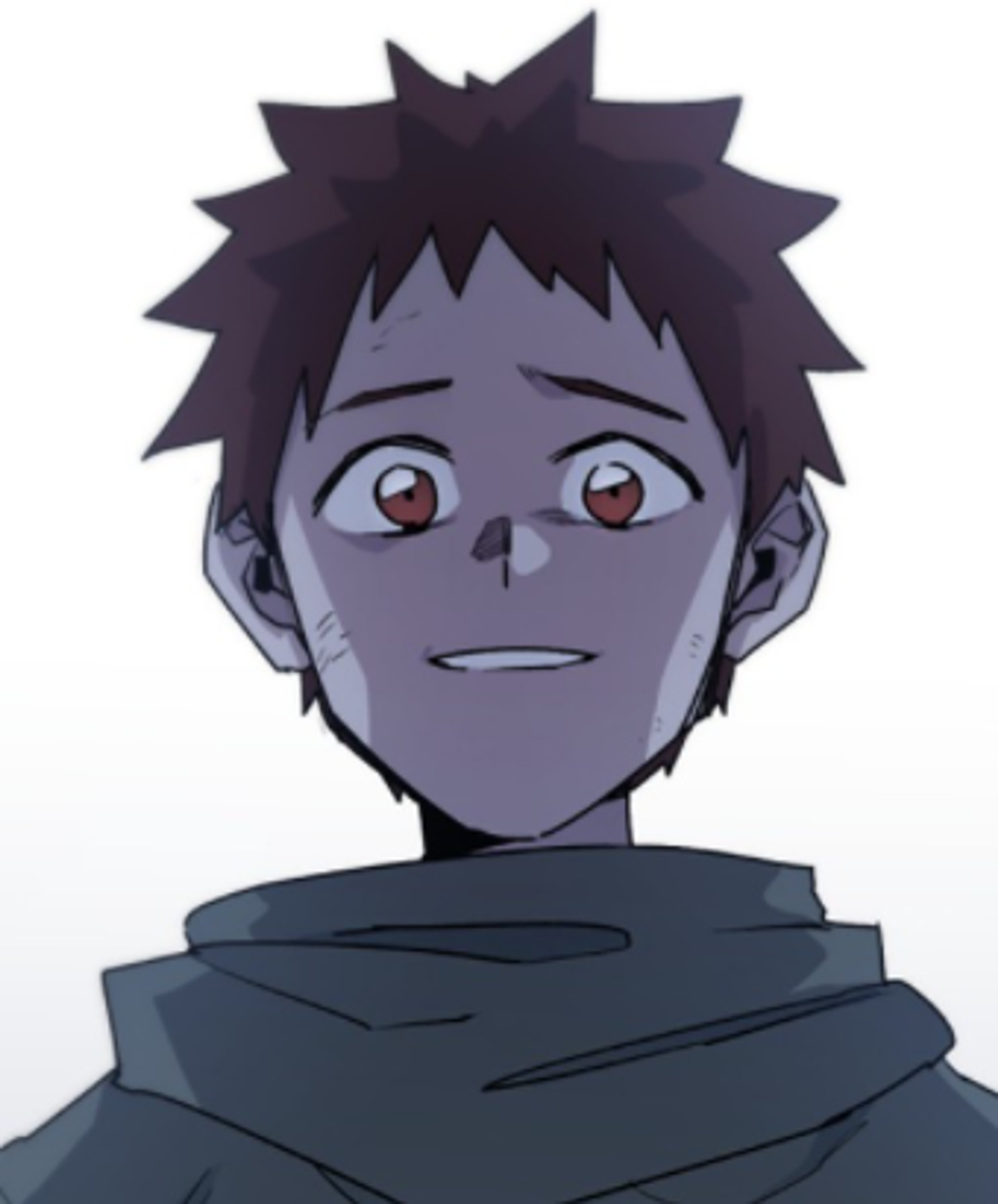 A teenage boy with brown hair and eyes, wearing a dark outfit and looking concerned or distressed.