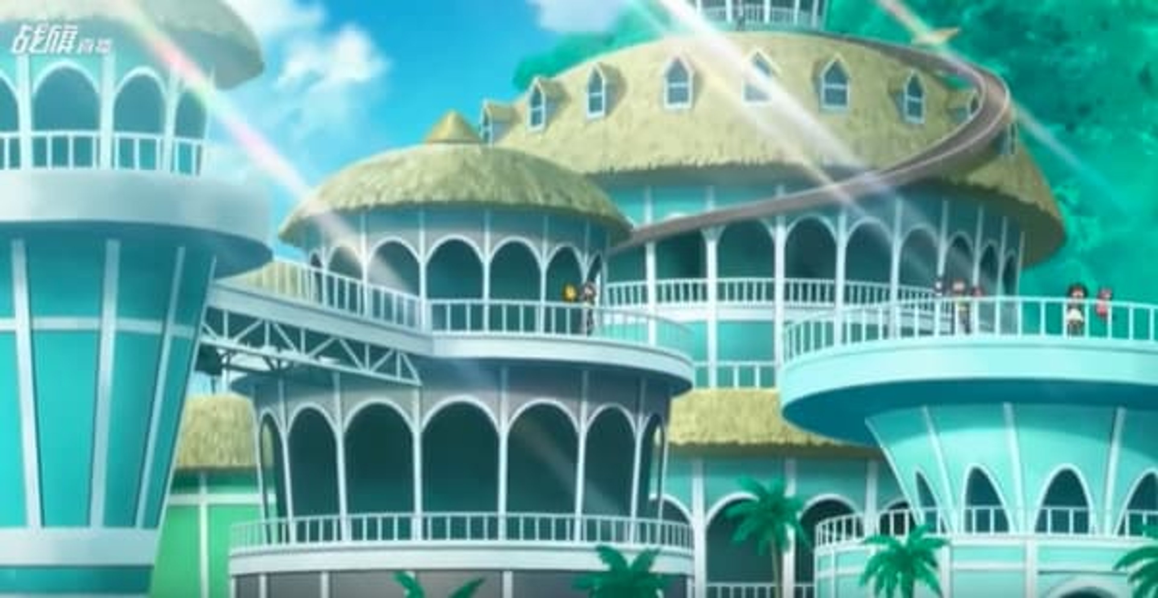 A man with tanned skin and an athletic build, wearing a lab coat open over his bare abs, standing in front of a domed building with a tropical setting.