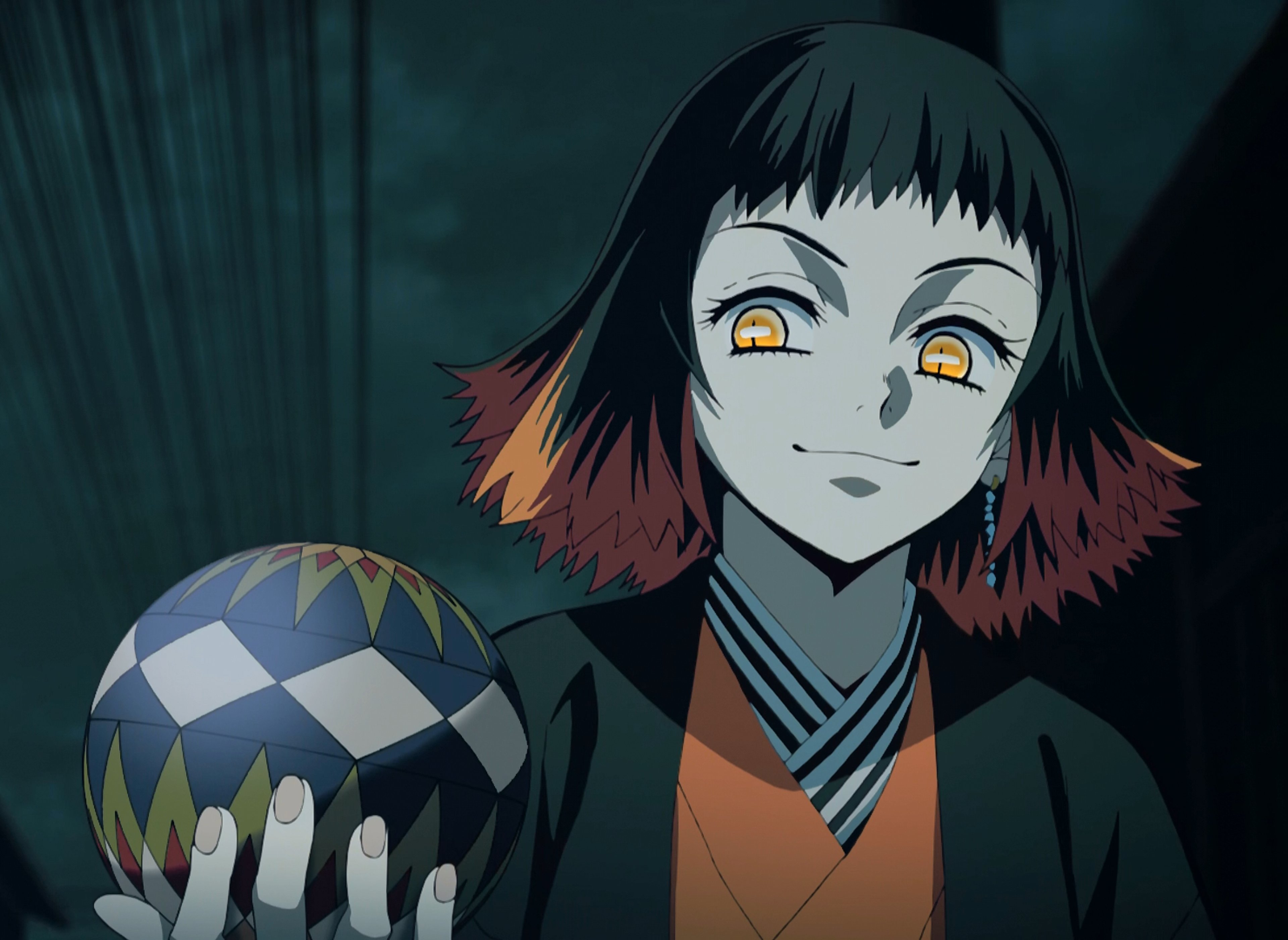 A pale-skinned demon character with yellow eyes and black and orange hair, wearing an orange kimono and black haori.