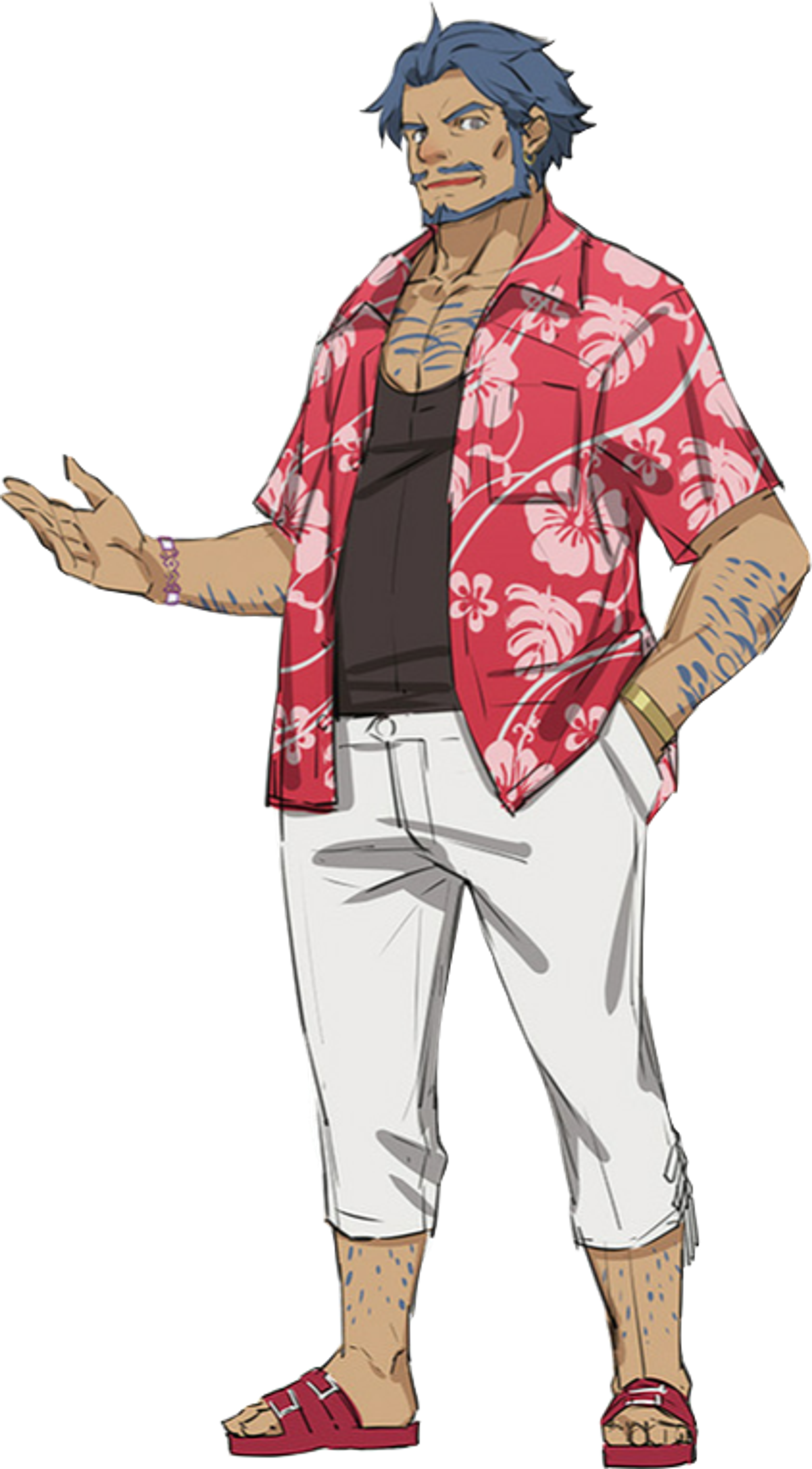 A confident, middle-aged man with dark blue hair and a beard, wearing a red and white floral print shirt.