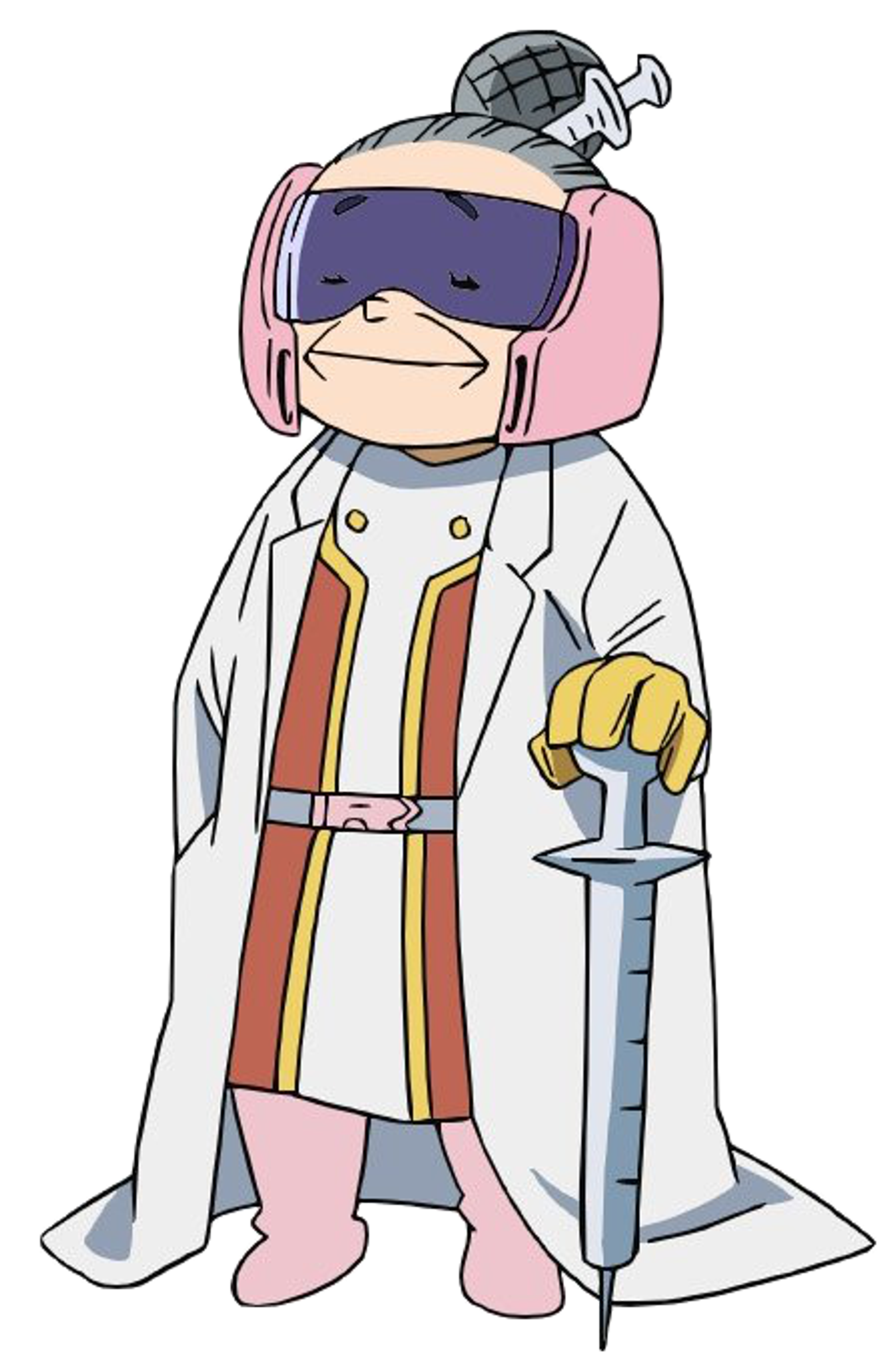 An elderly woman in a lab coat and dress, with a syringe in her hair bun, standing with a stern expression.