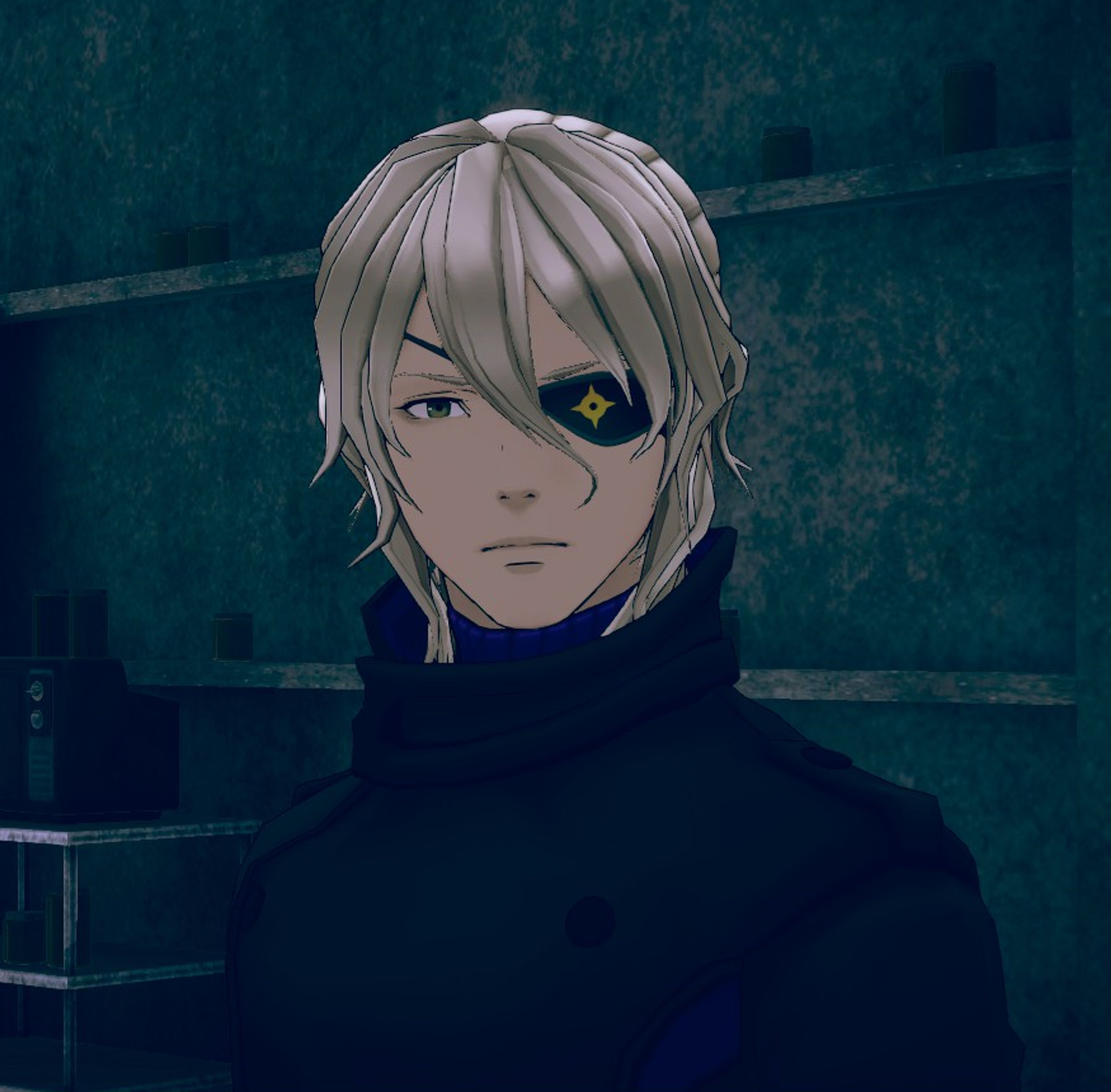 A young man with blonde hair and mismatched eyes, wearing a black trench coat with purple accents.