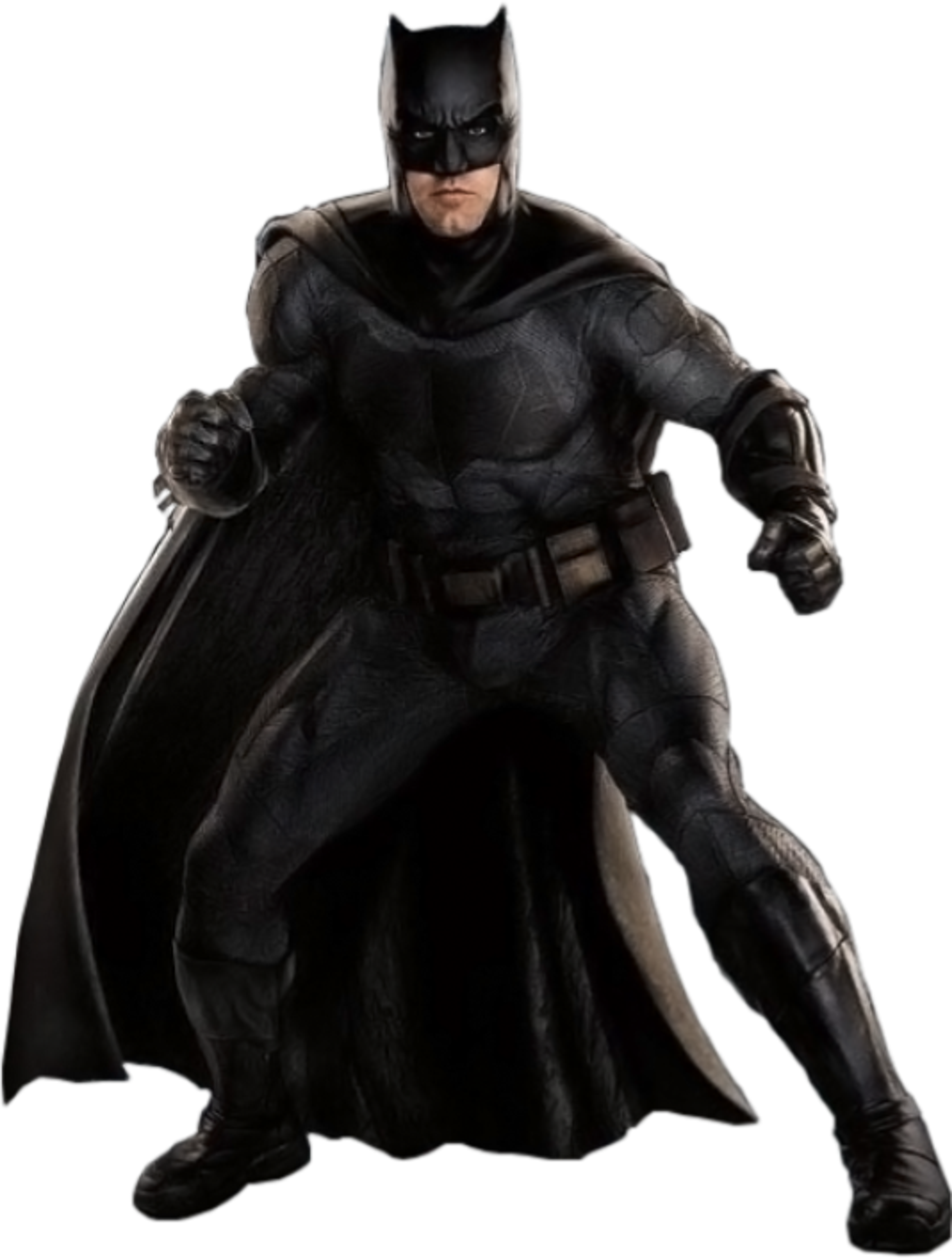 A muscular male figure in a black Batman costume, standing in a heroic pose.