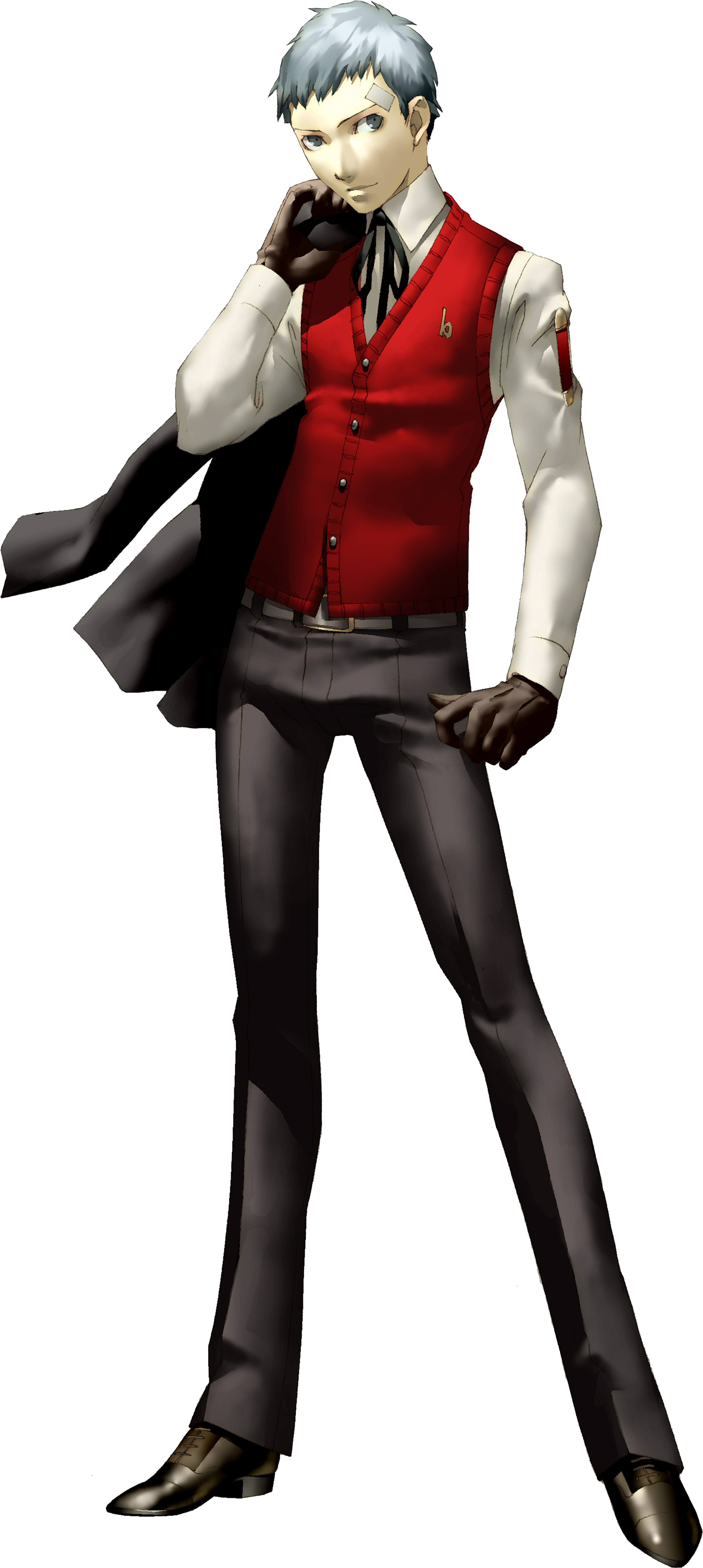 A young man with short gray hair wearing a red vest and black pants, in a fighting stance.