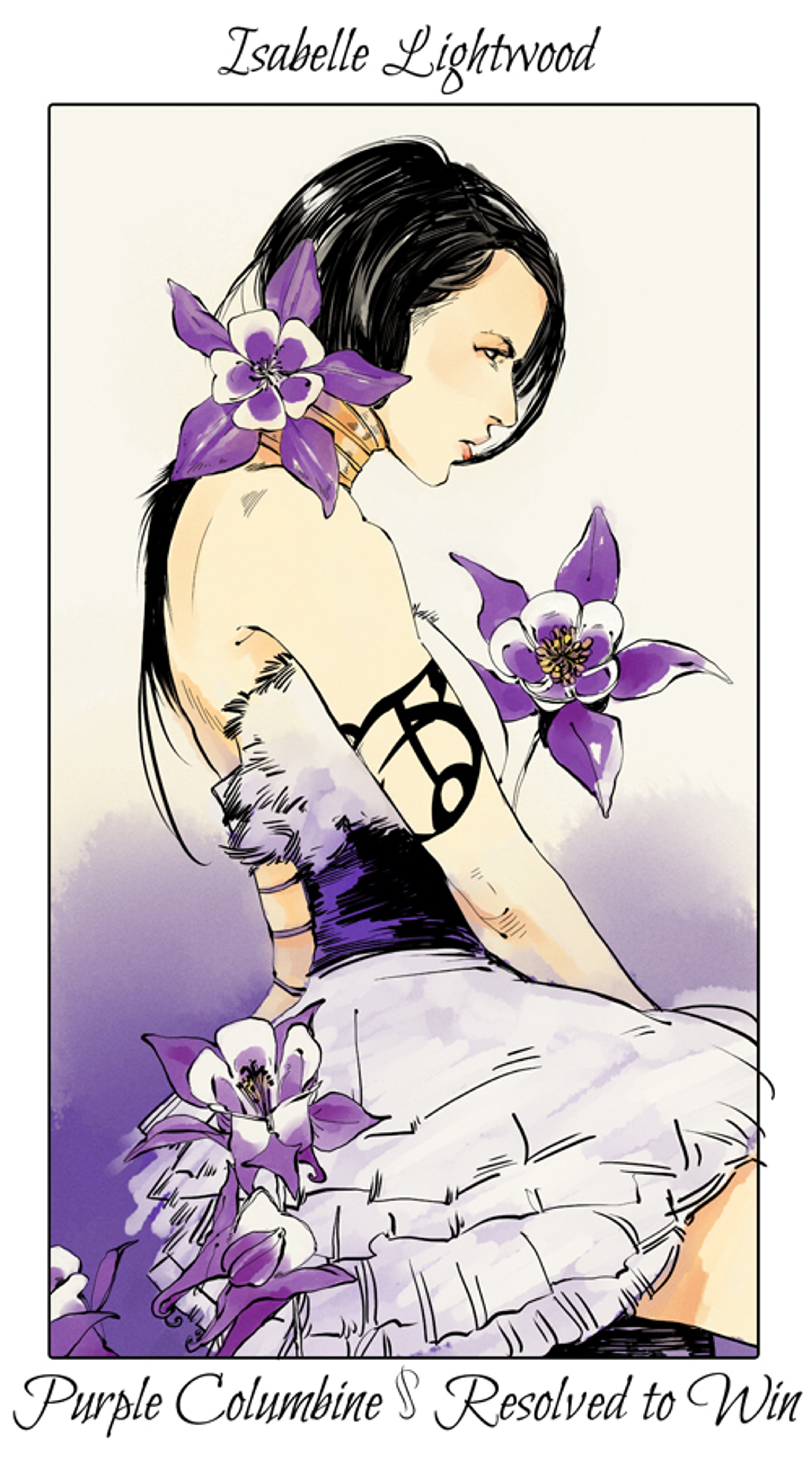 A stylized portrait of a young woman with dark hair and purple flowers in a white dress.