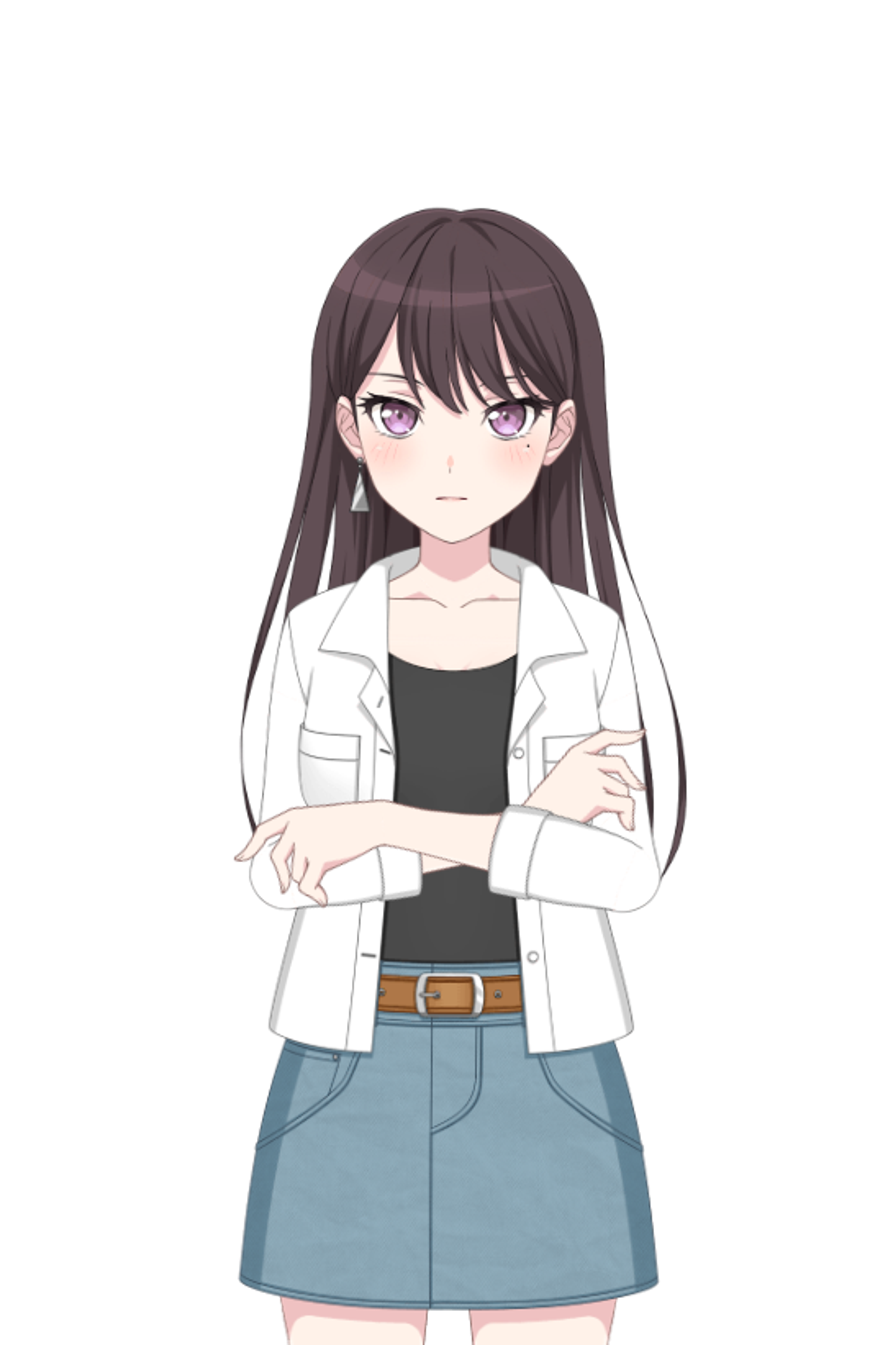 A young woman with long dark hair and sharp eyes, wearing a white jacket and black top, with a serious expression.