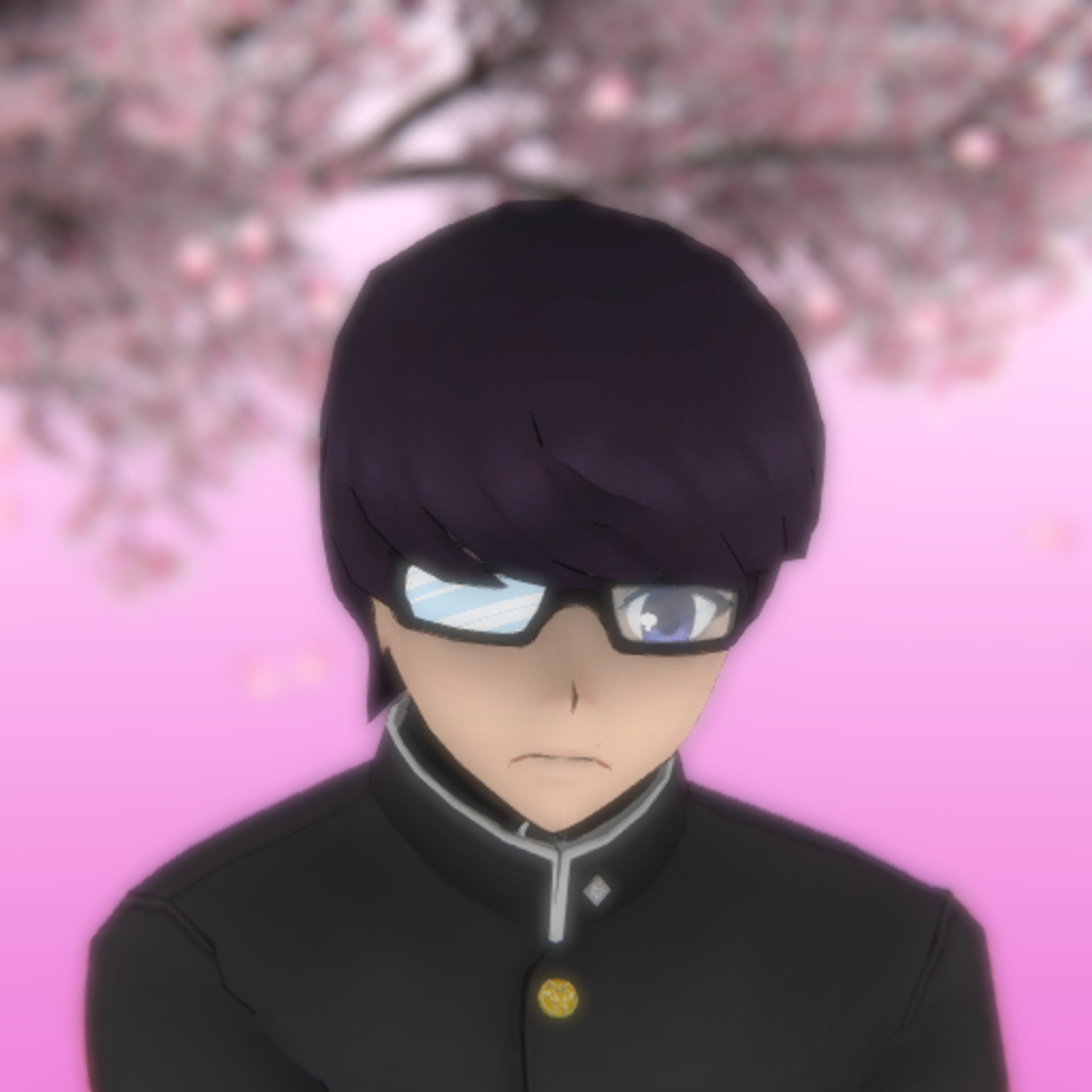 A young male anime-style character with dark hair and glasses covering one eye, wearing a dark uniform.