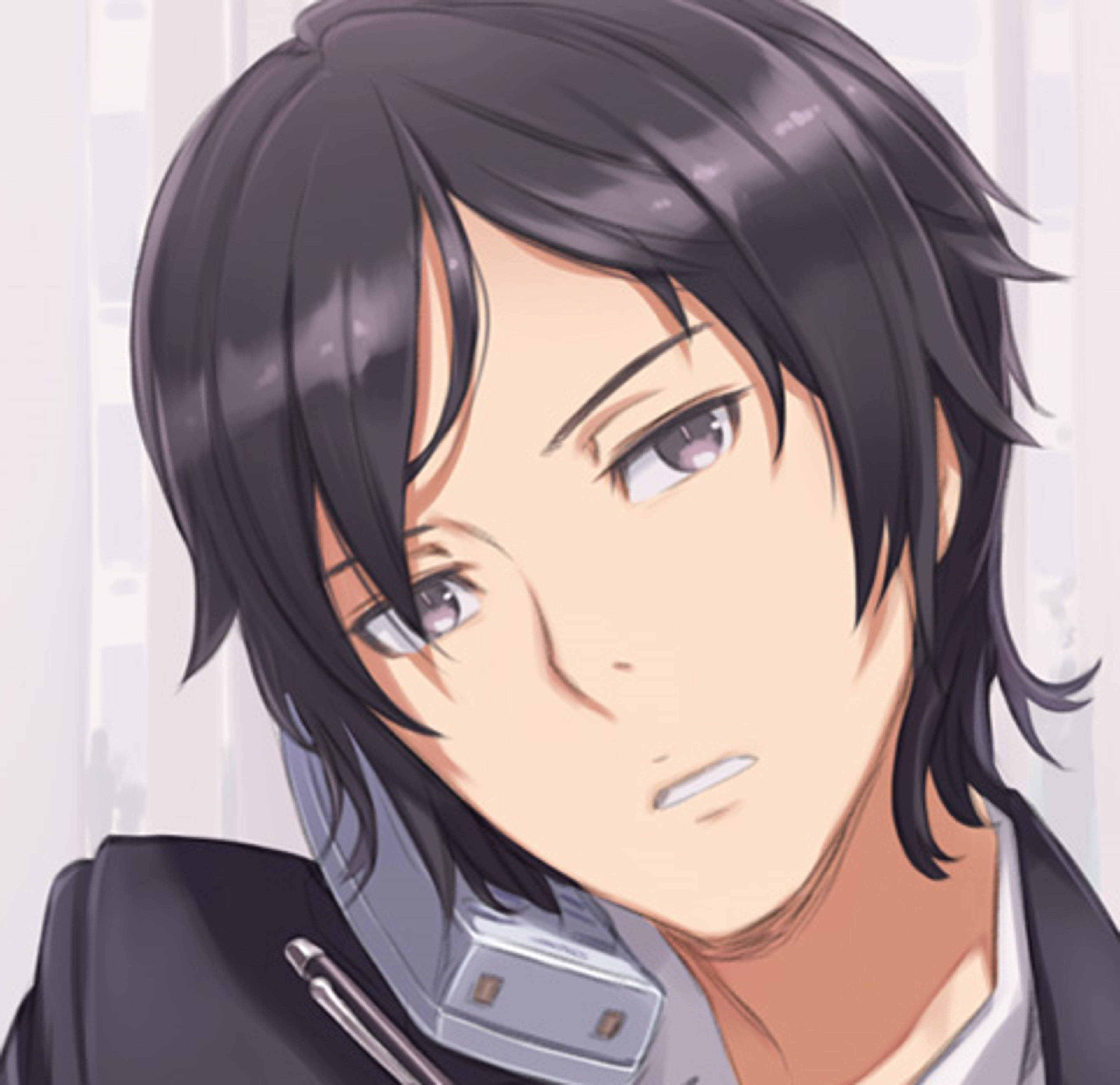 A young man with short dark hair wearing a black jacket in a virtual reality setting.