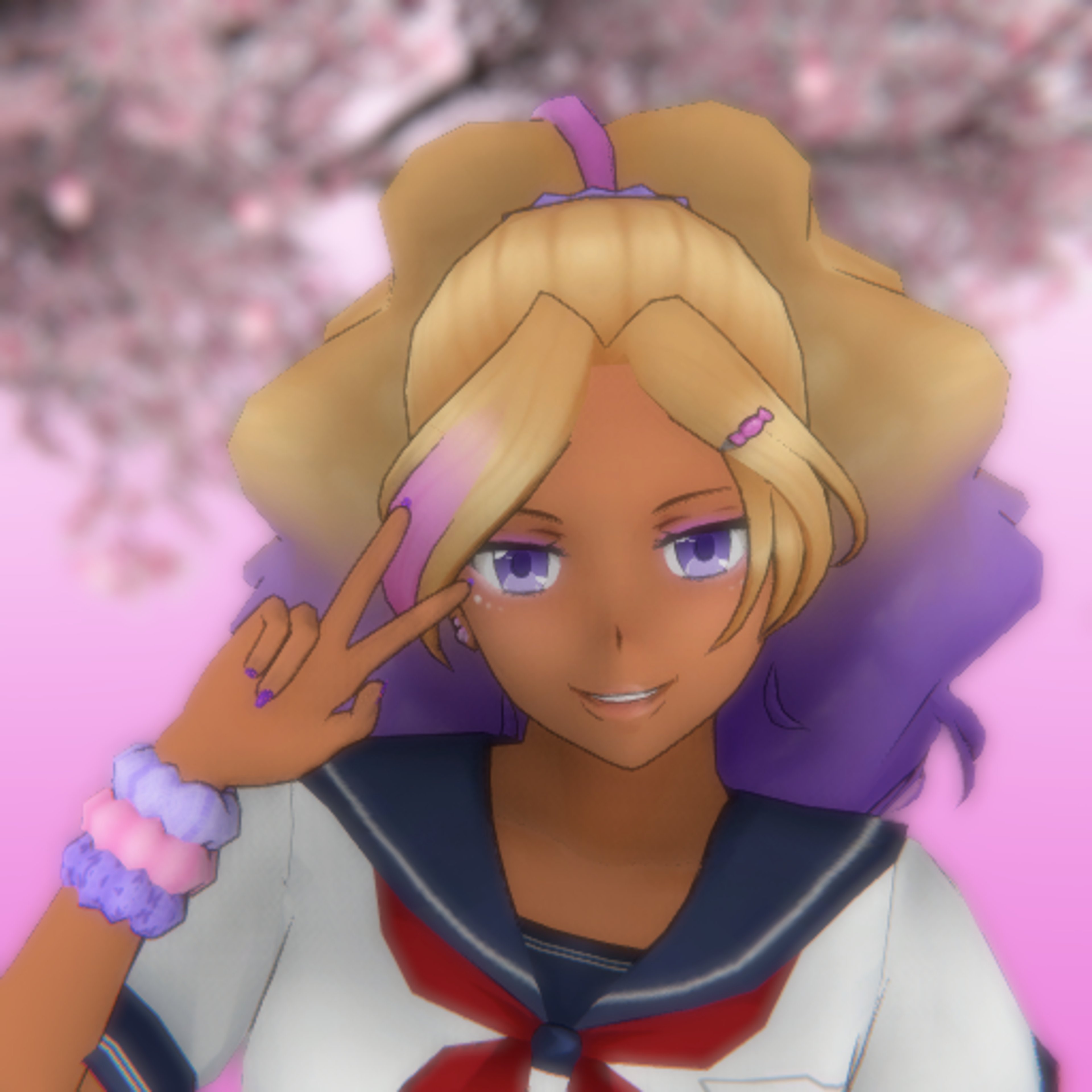 An anime-style character with wavy, shoulder-length dark blonde hair that fades into purple, wearing a school uniform and colorful accessories.