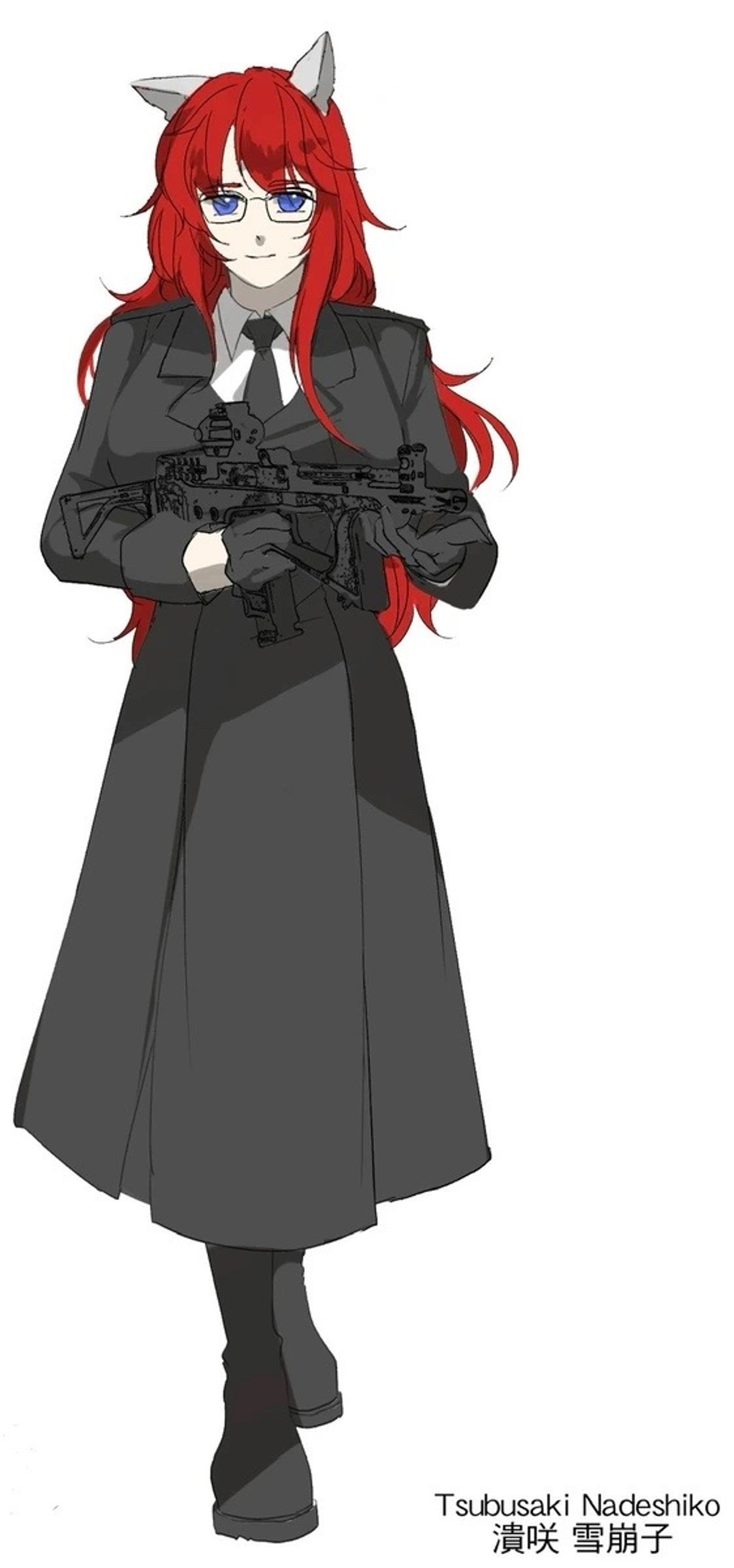 A woman with red hair and blue eyes wearing a black military coat and holding a firearm