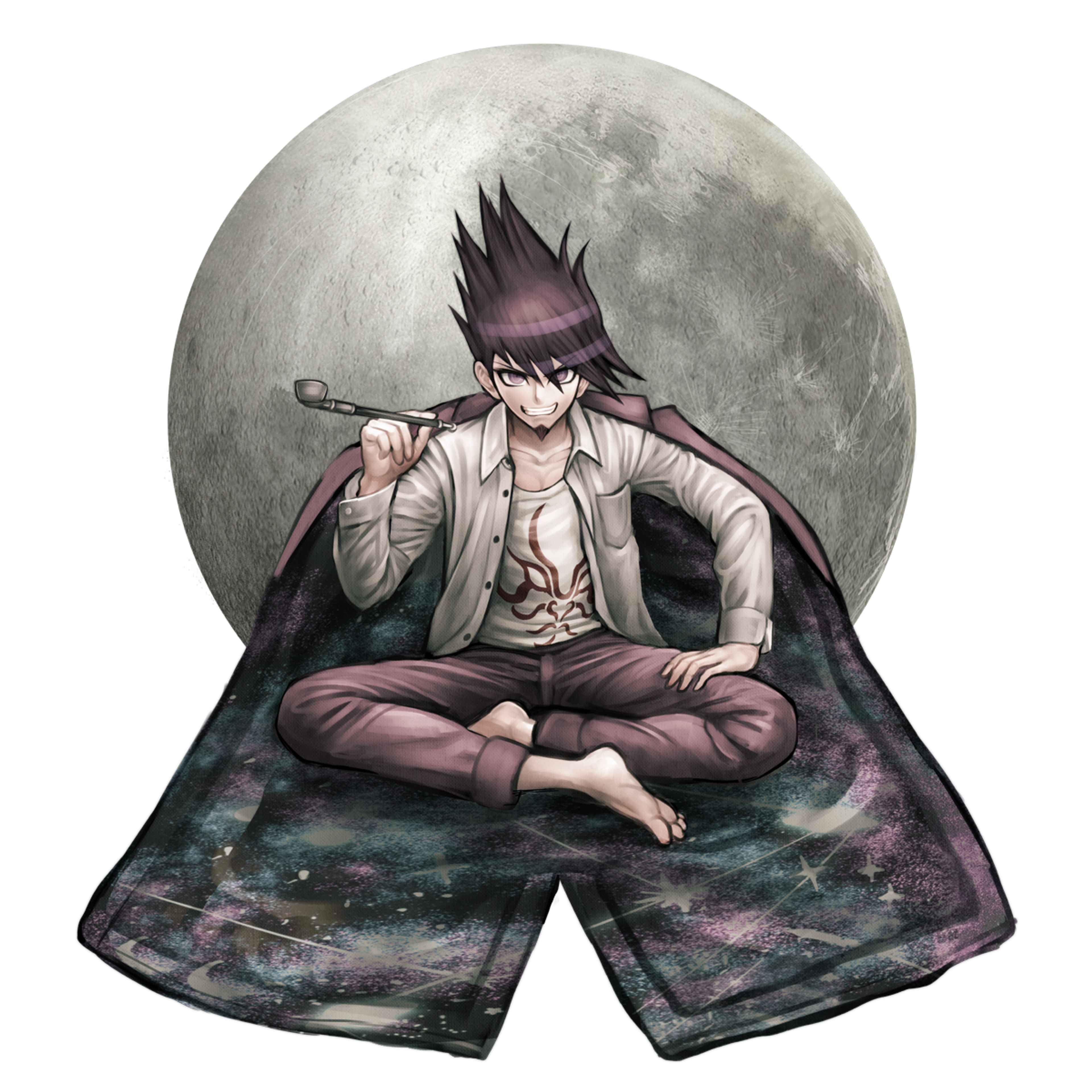 A young man with purple hair sitting in a meditative pose against a large moon backdrop.