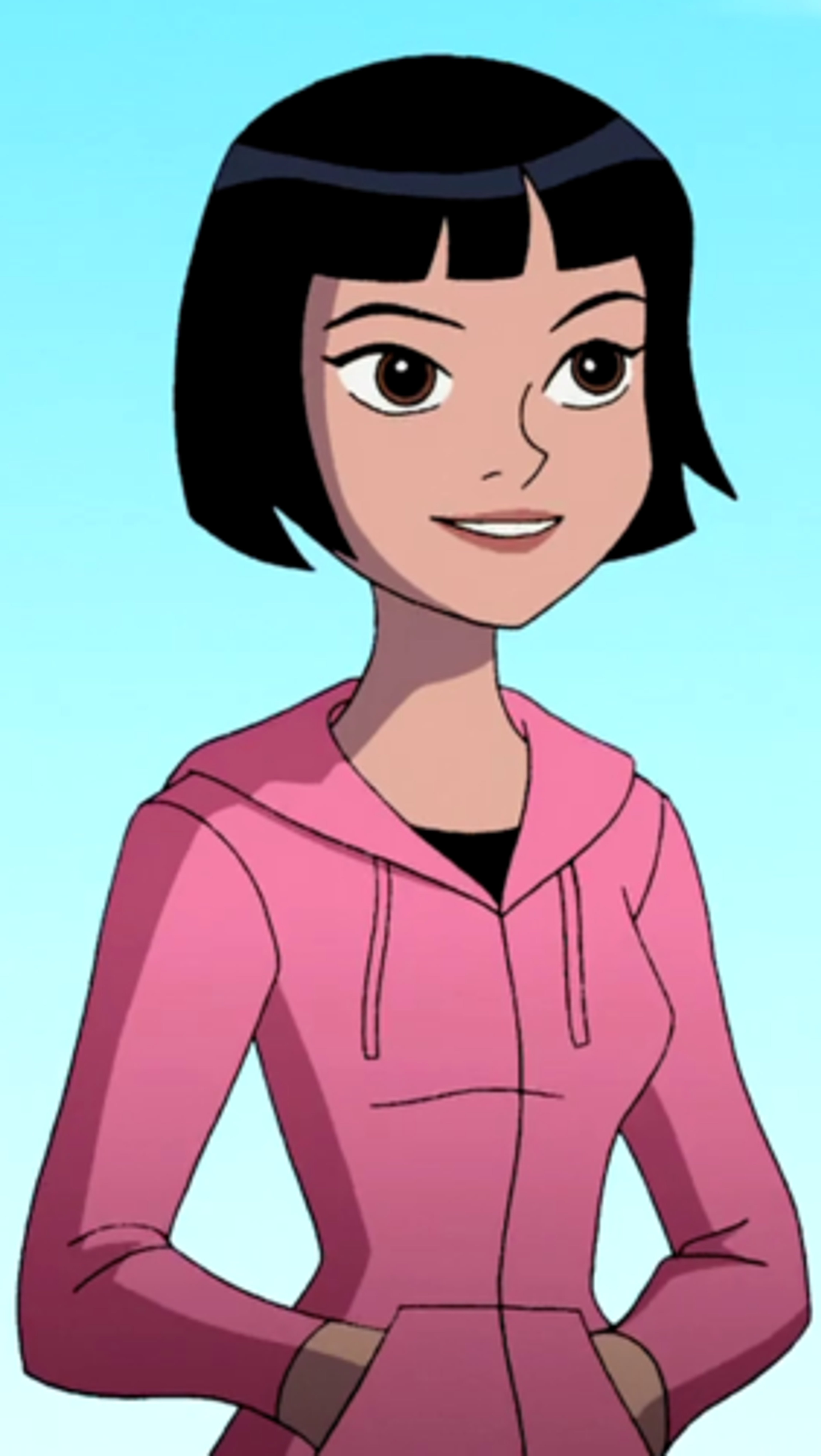 An anime-style character with short black hair, brown eyes, and a pink hoodie.