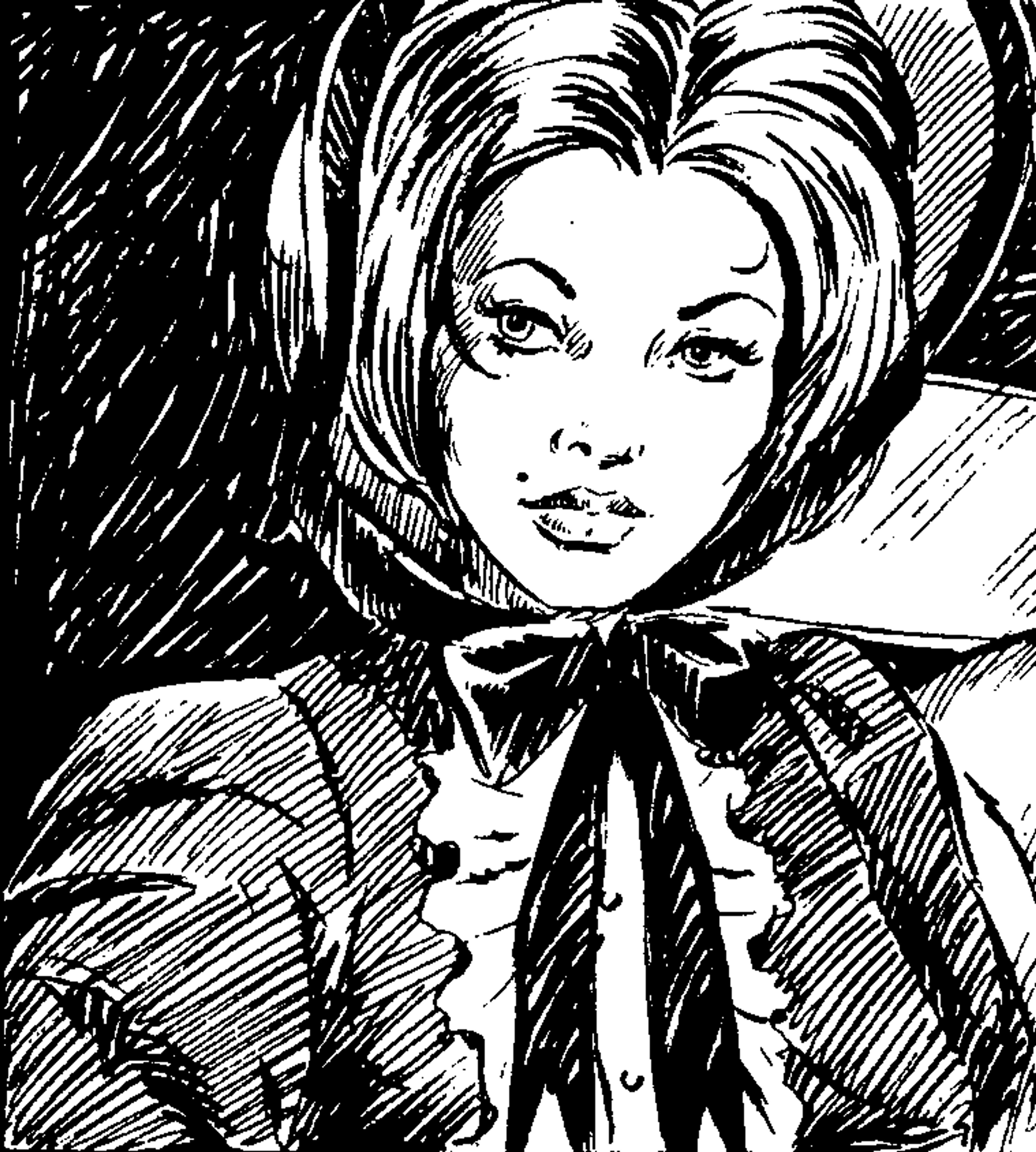 A woman with blonde hair and a serious expression in a dramatic, shadowy style