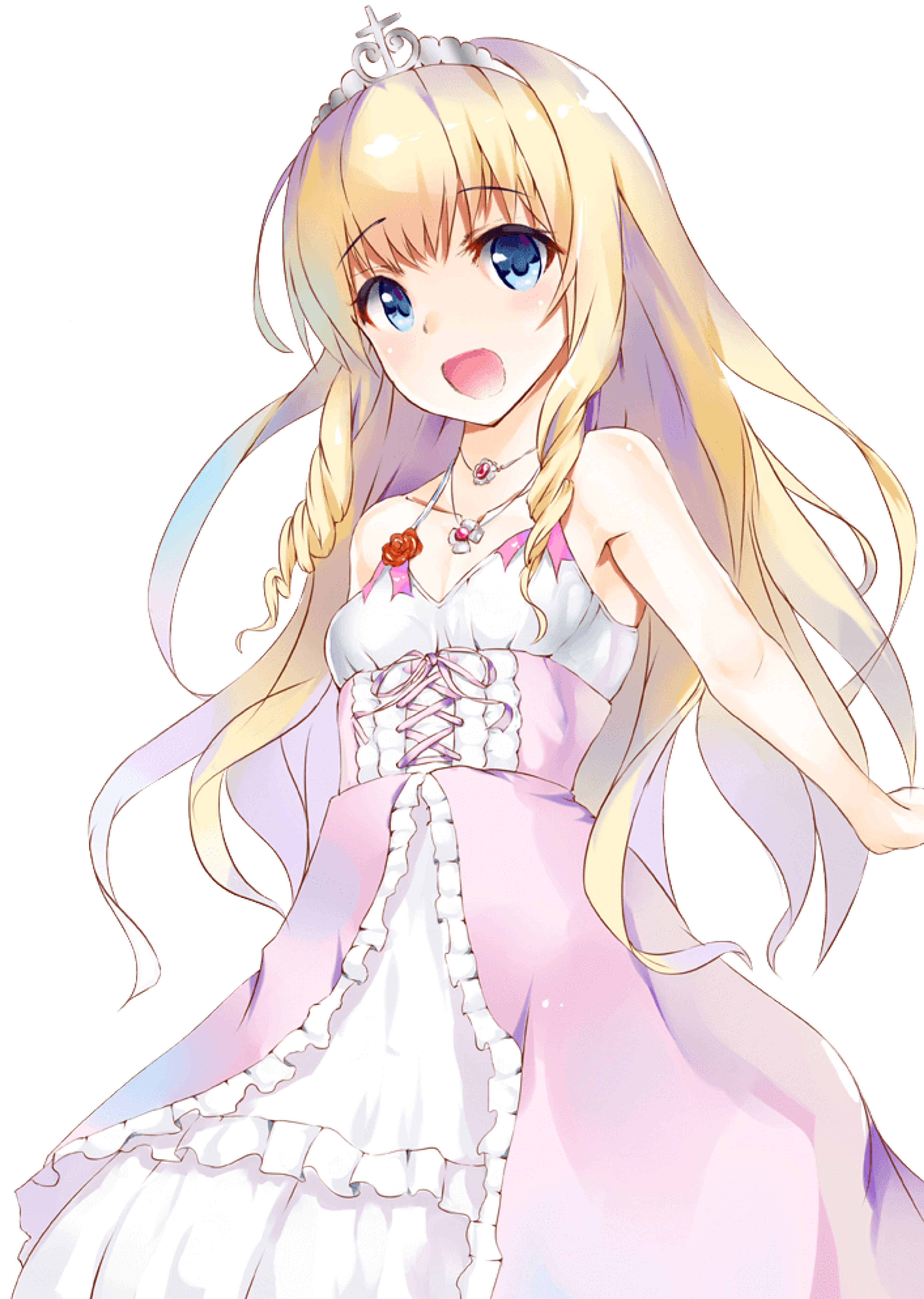 A young, cheerful anime-style character with blonde hair and a pink and white frilly dress