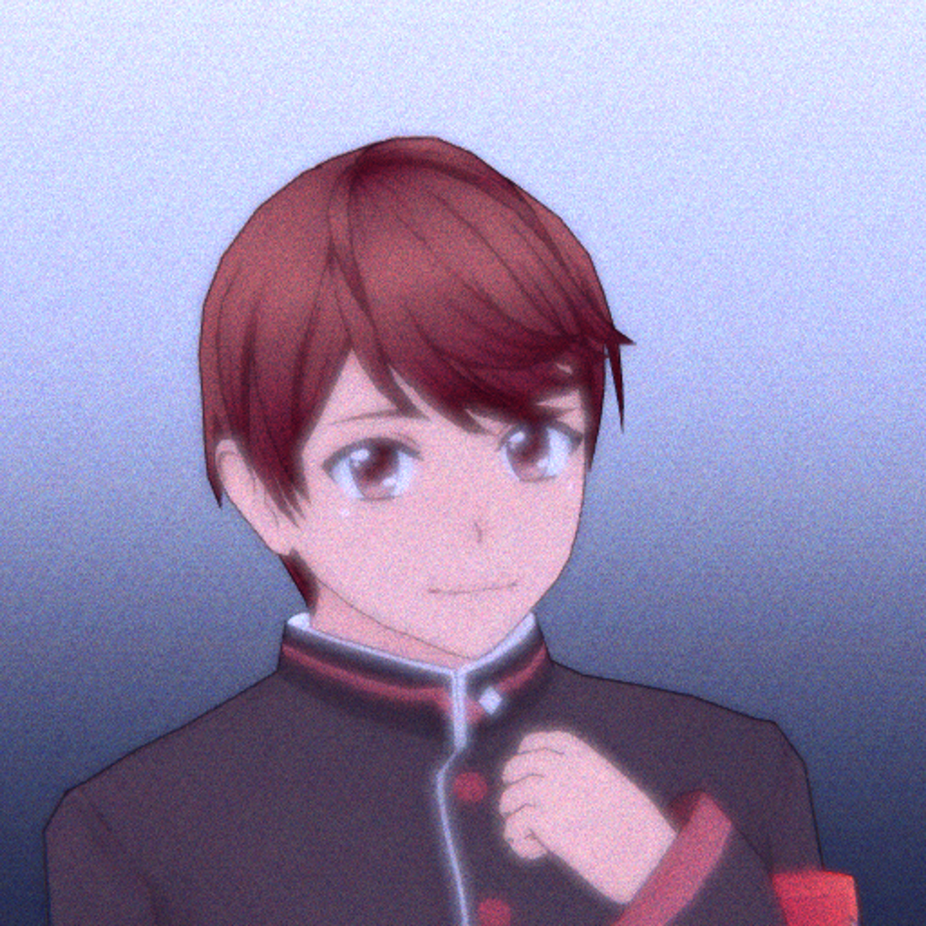 An anime-style character with reddish-brown hair, brown eyes, and a dark gray apron over a school uniform