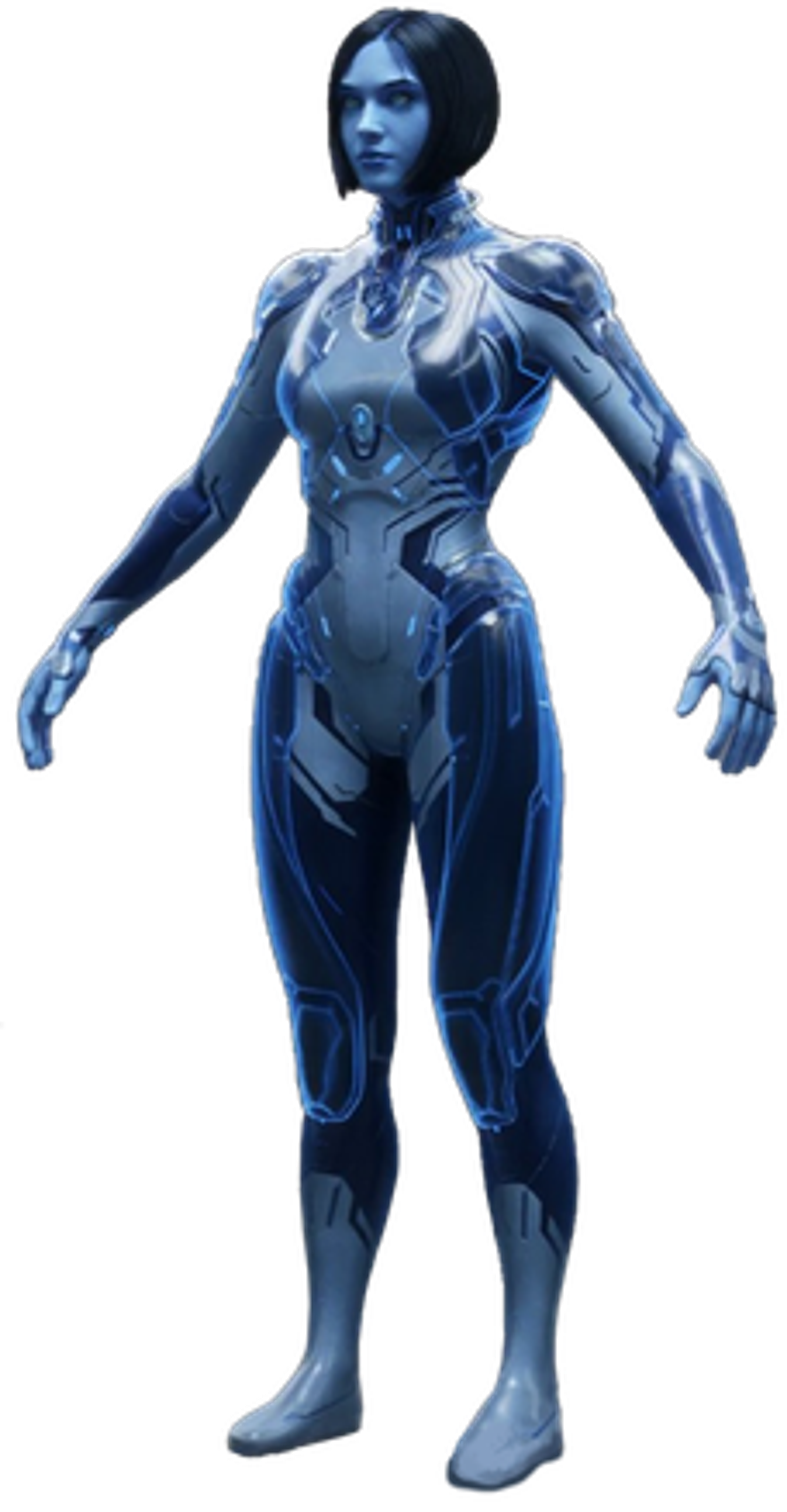 A detailed, futuristic-looking female character with blue skin and a sleek bodysuit.