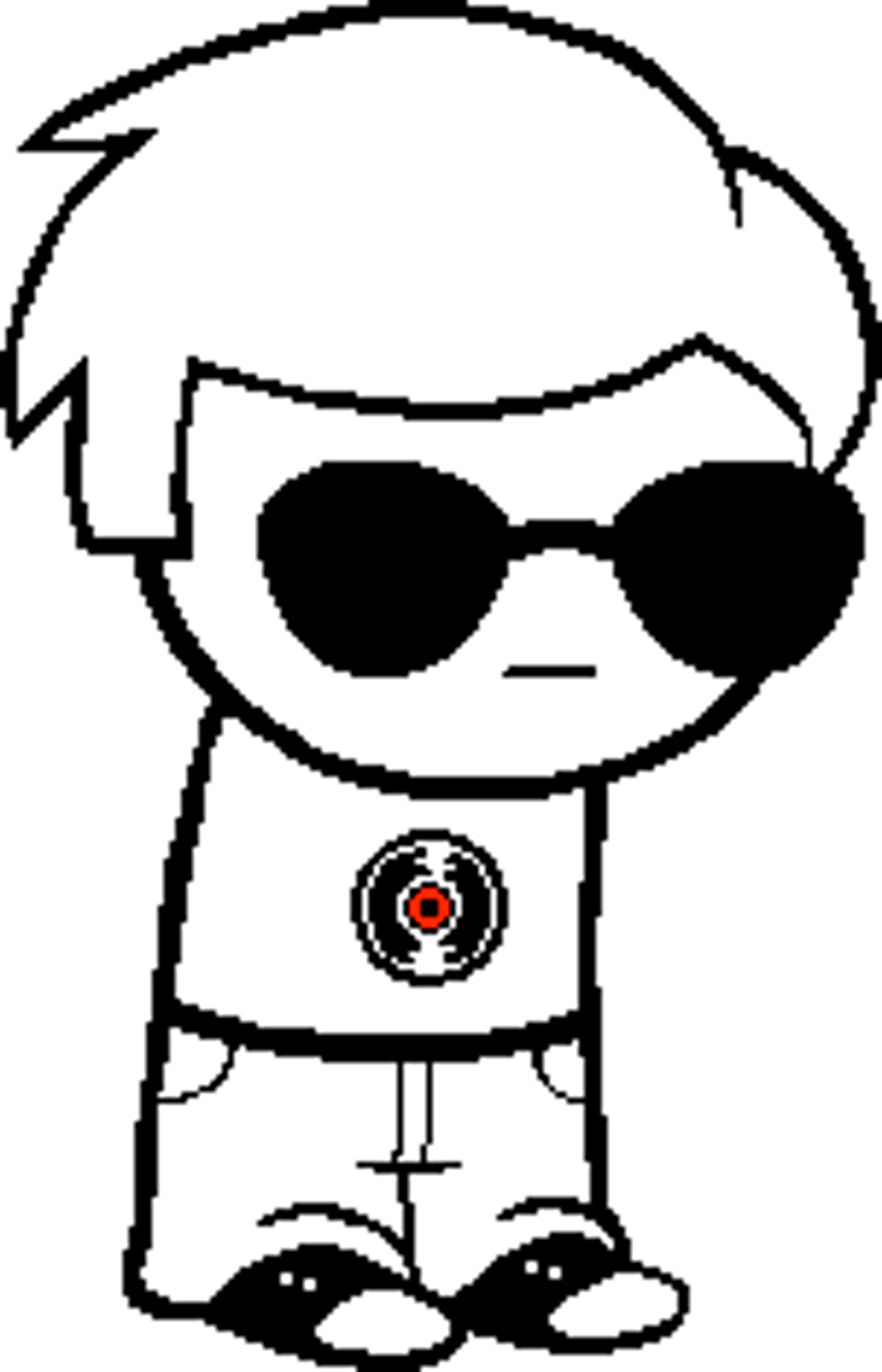 A stylized cartoon character with sunglasses and a black and white outfit.