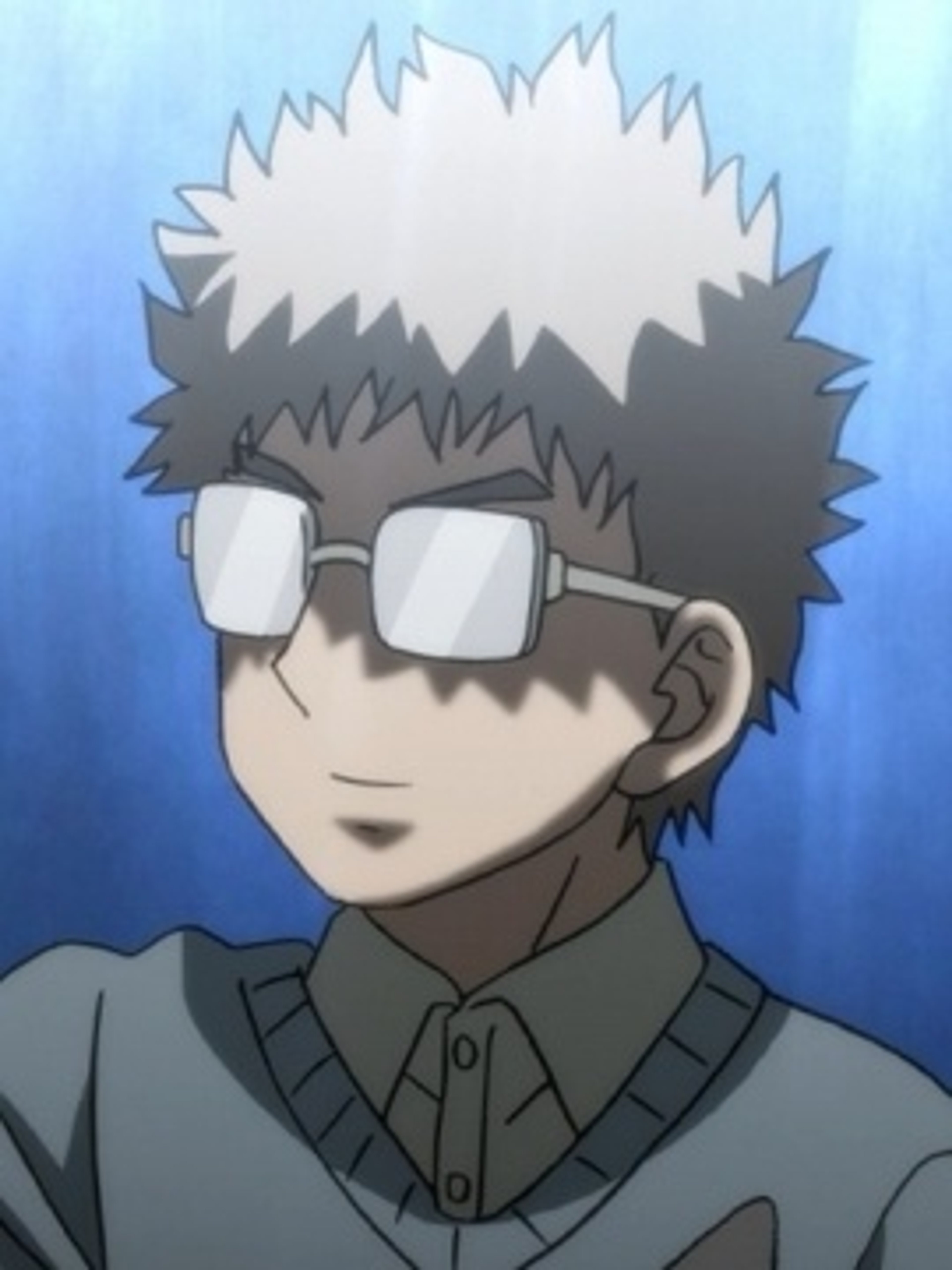 An anime-style illustration of a young man with spiky gray hair and glasses, wearing a collared shirt and having a smug expression.