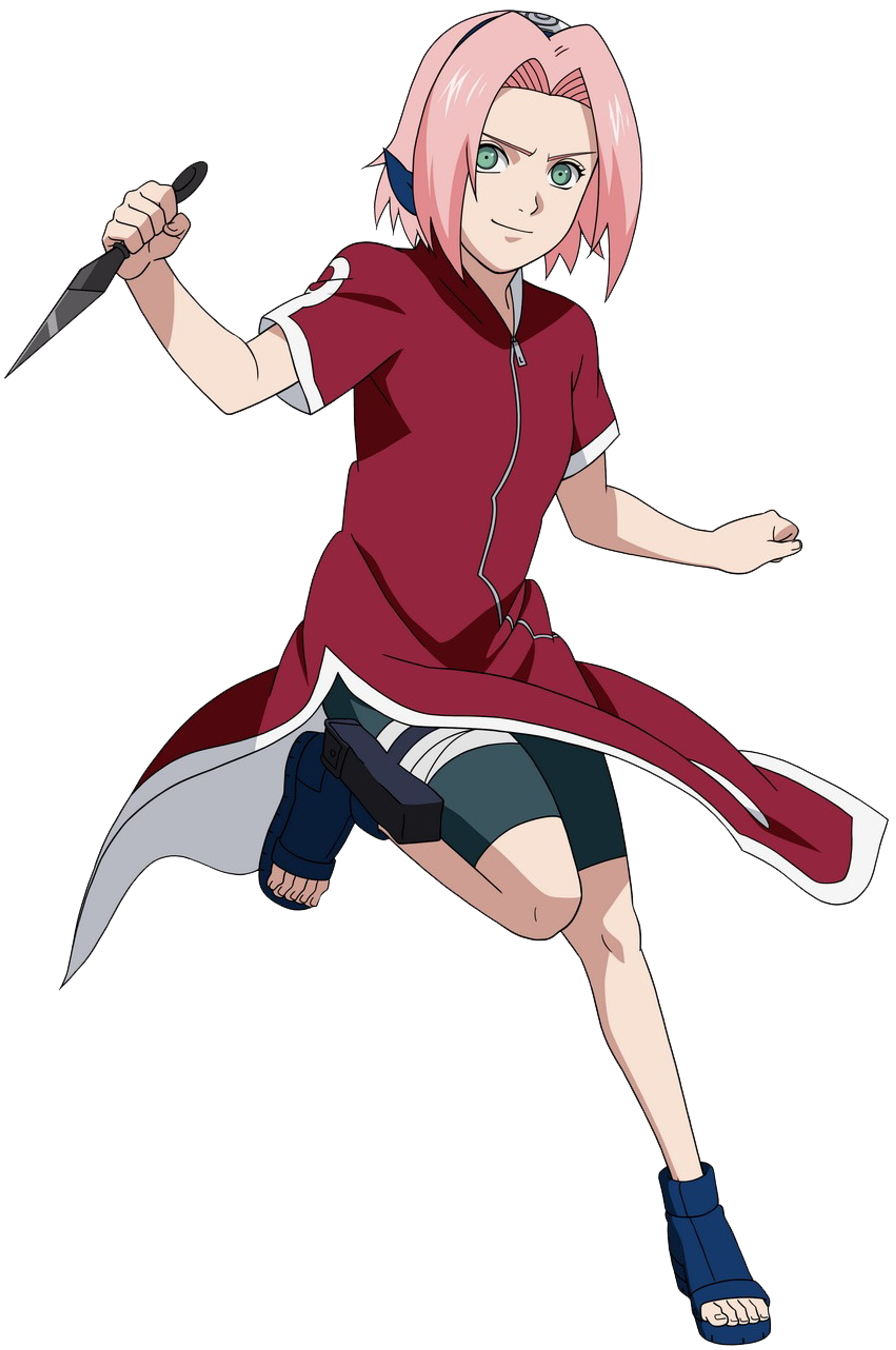 An anime-style character with pink hair wearing a red outfit and holding a weapon.