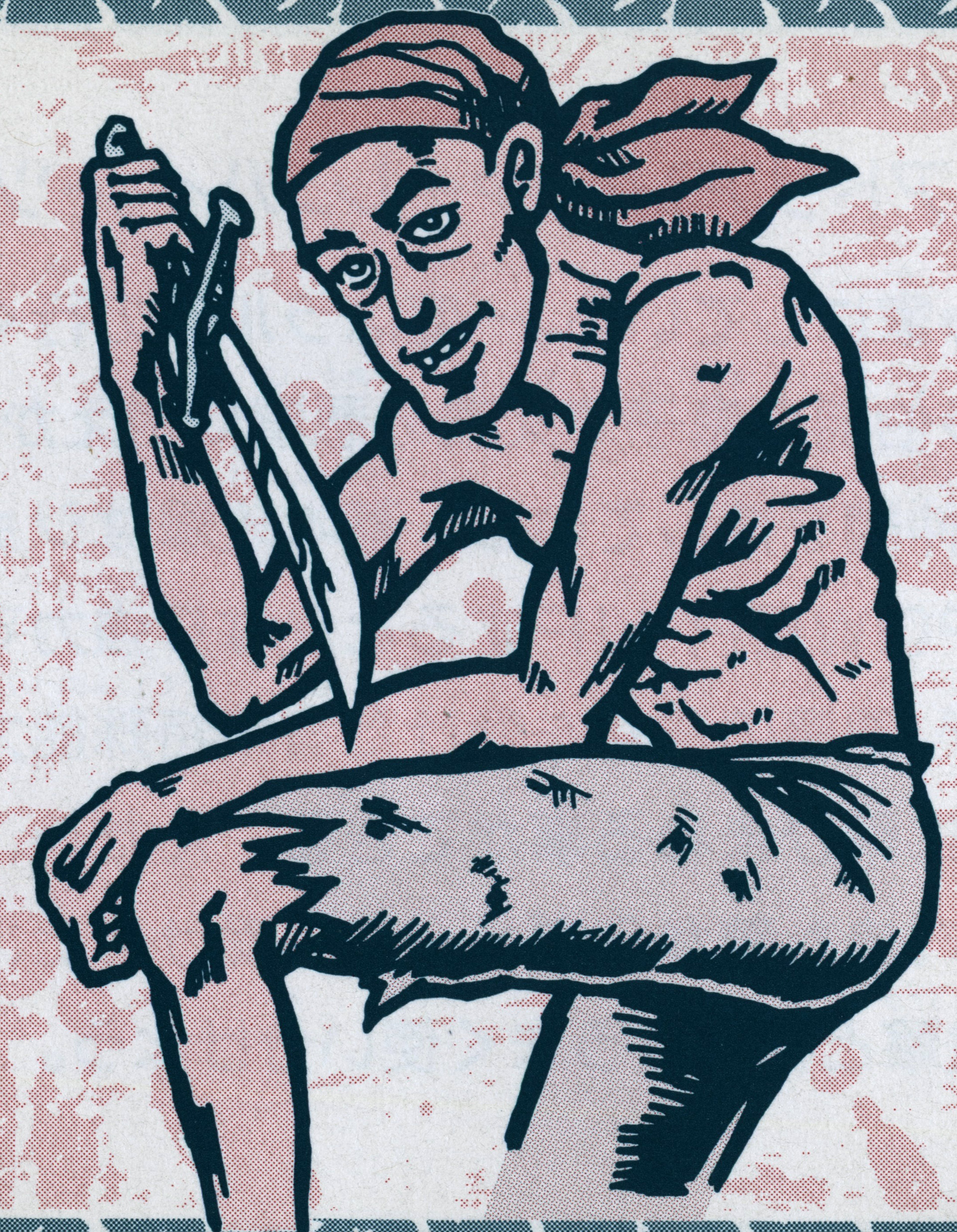 A stylized illustration of a muscular male character in an action pose.