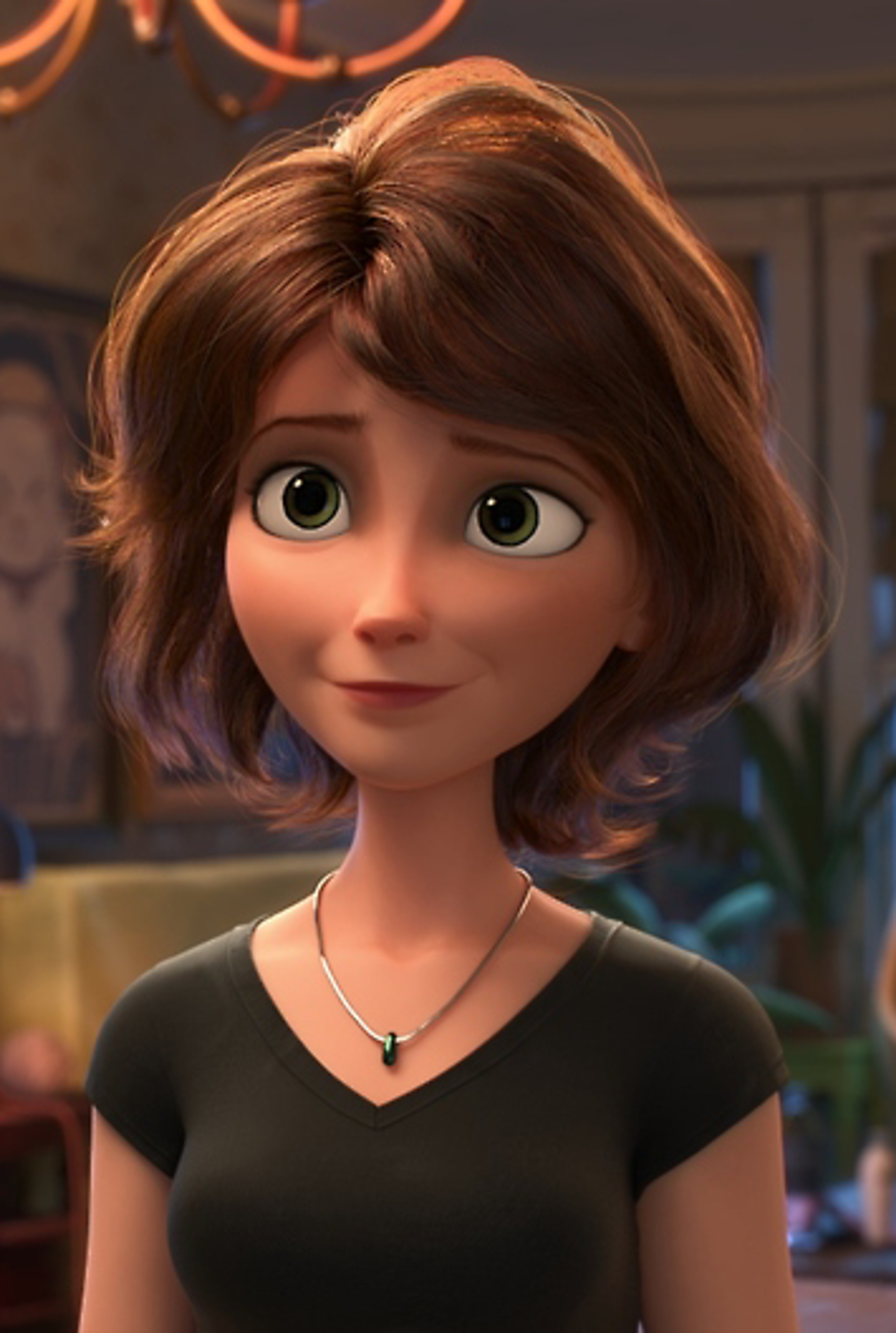 An animated female character with short brown hair and green eyes wearing a black shirt