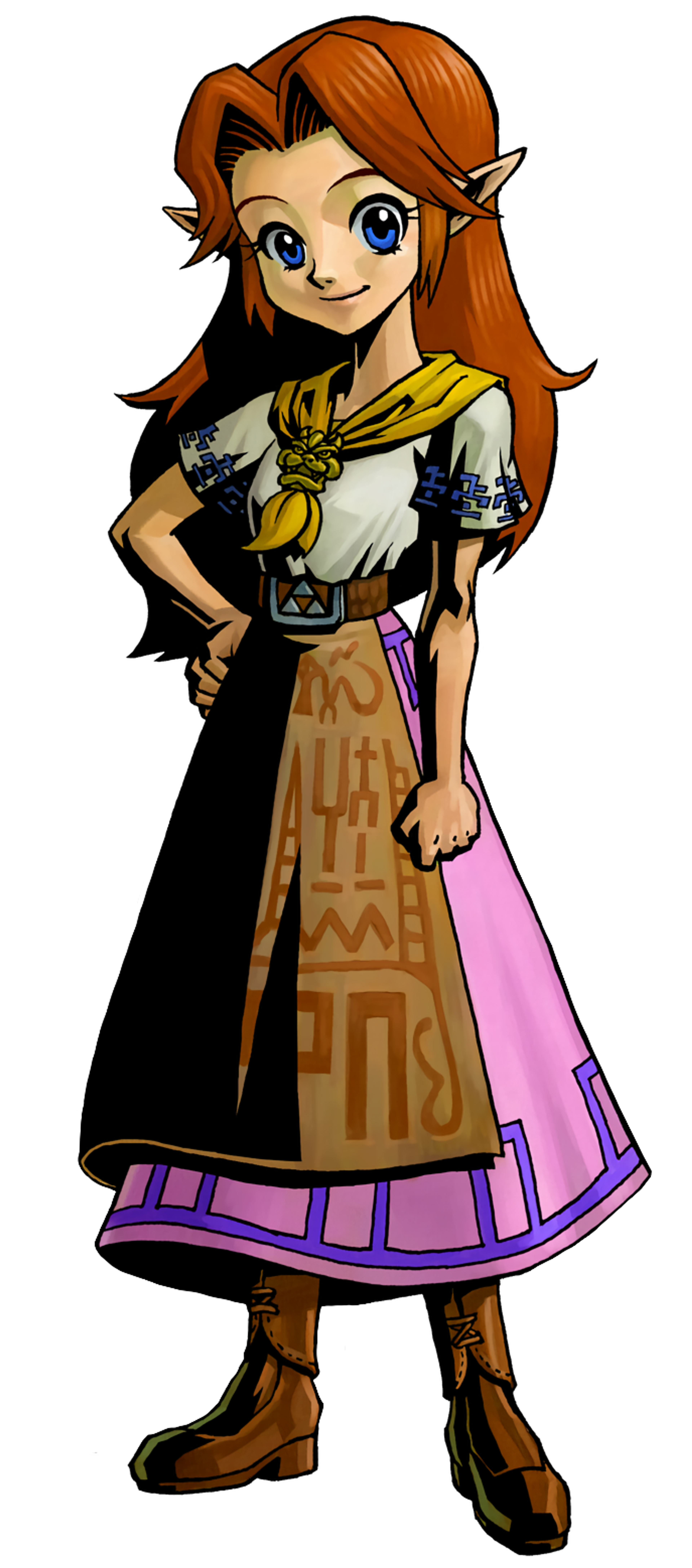 A young Hylian woman with red hair in a ponytail wearing a long white dress with a purple and gold pattern.