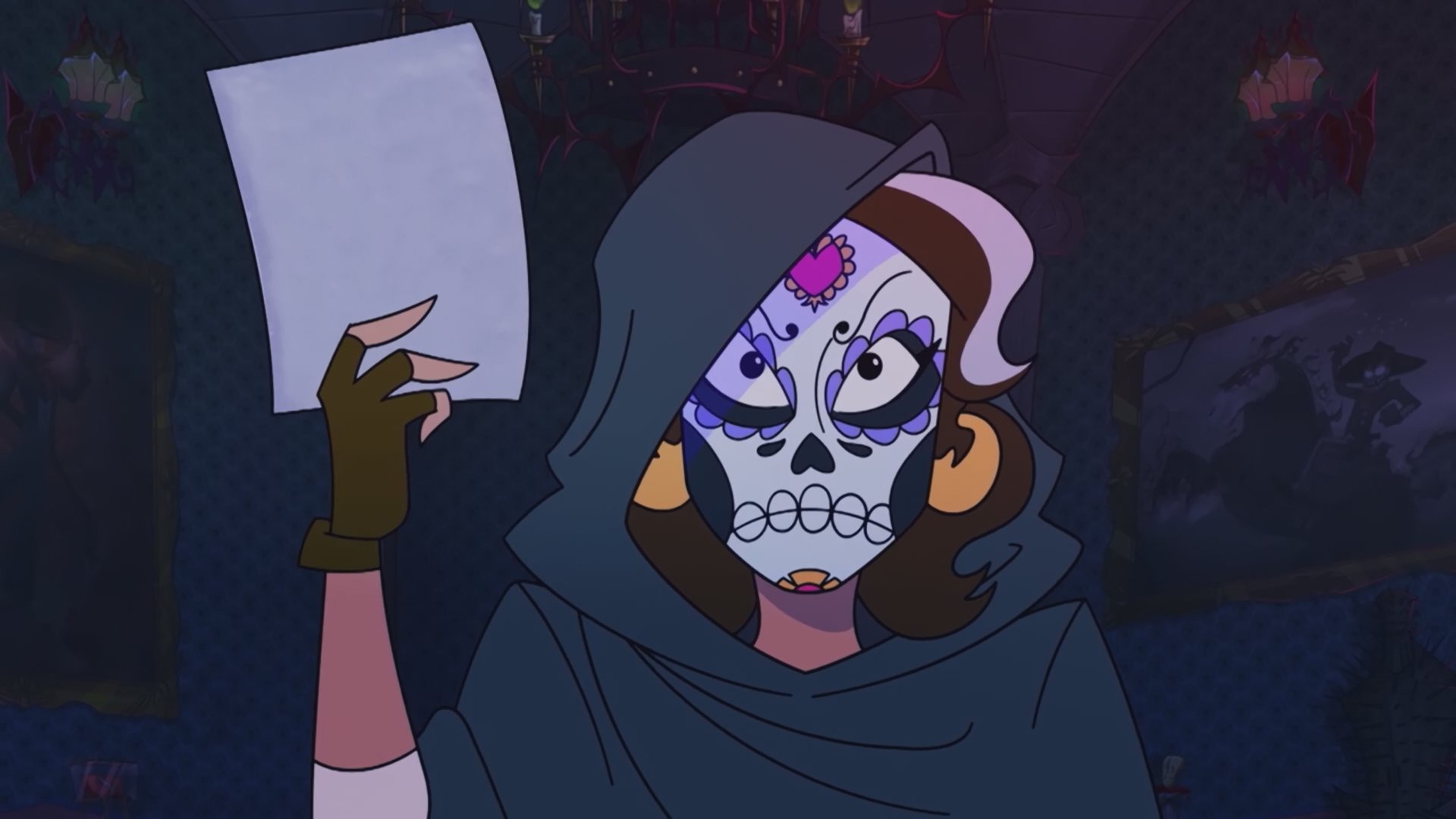 A female character with a skull-like face and dark clothing, holding a document.