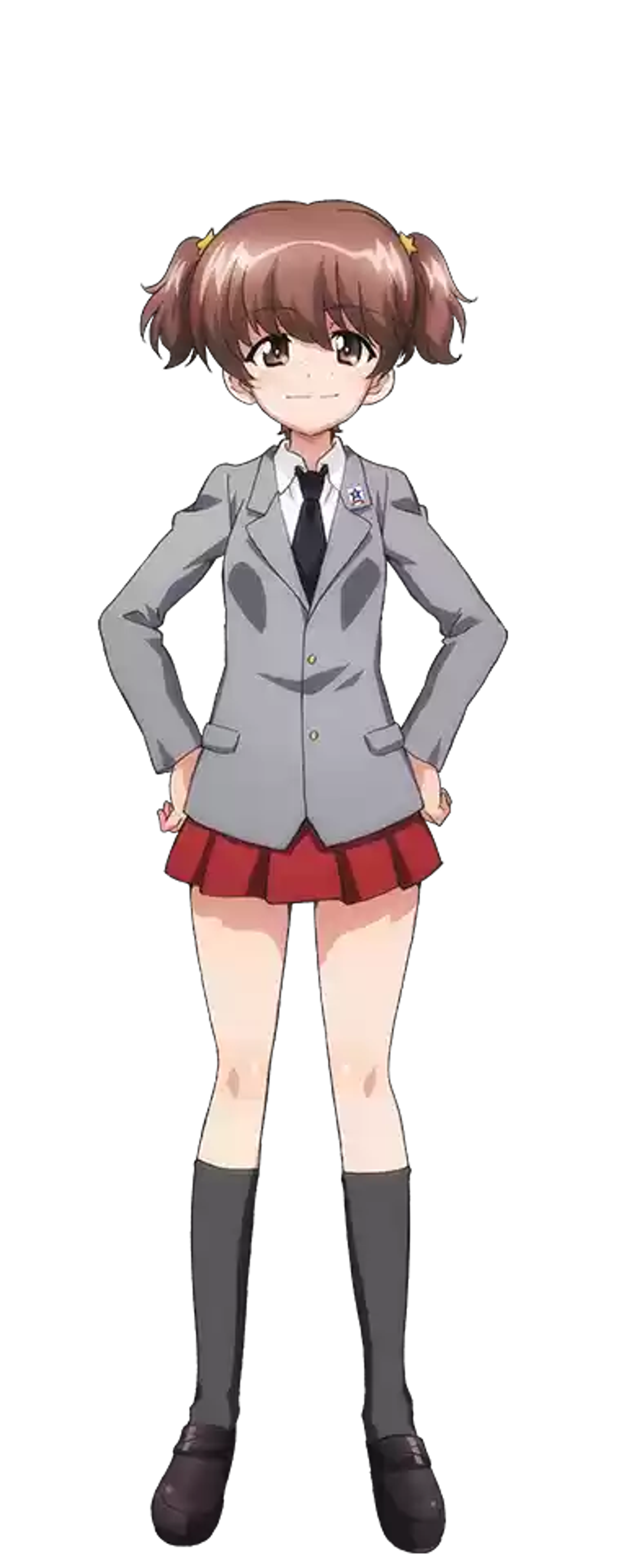 A young girl with pigtails and freckles wearing a school uniform