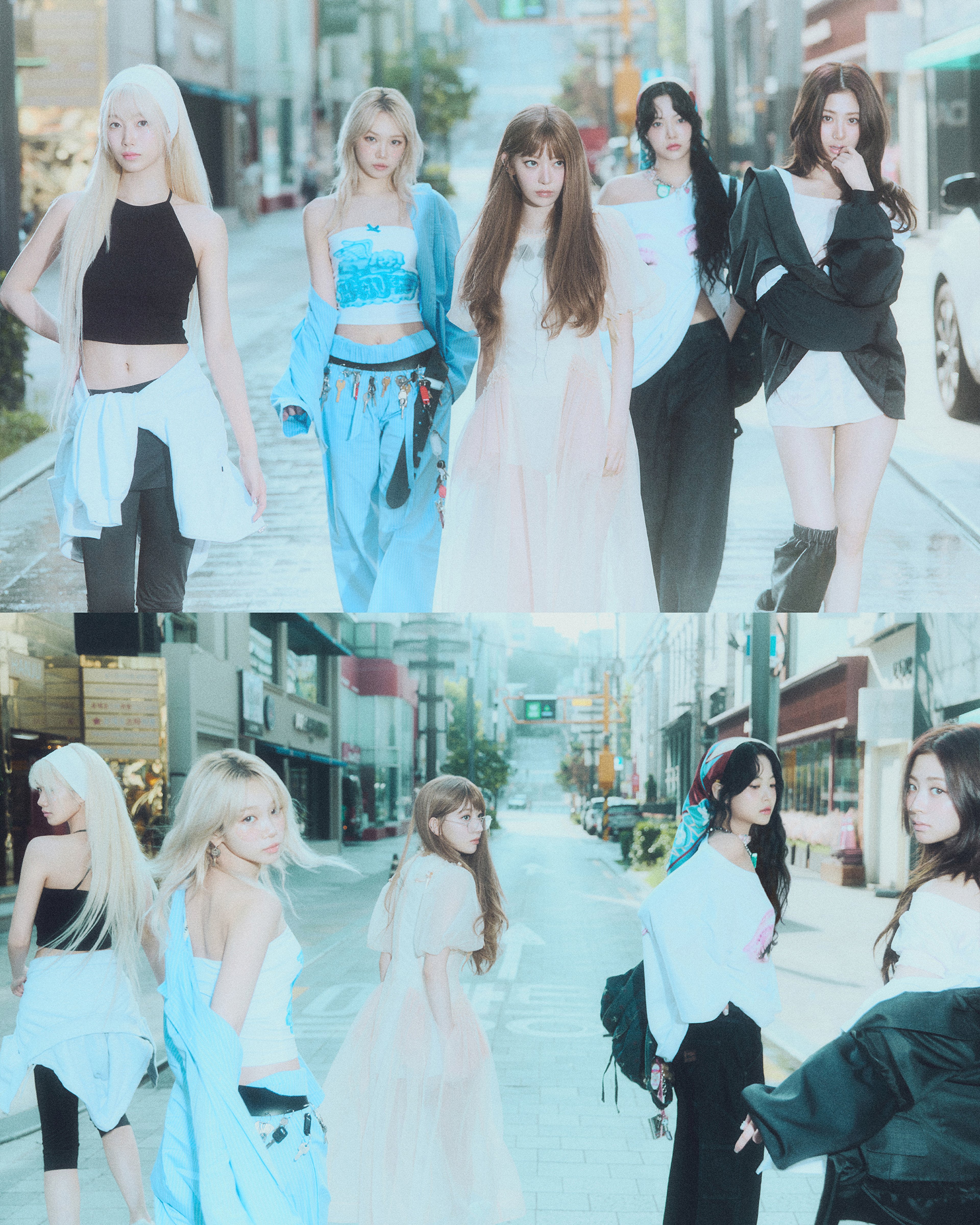 Five young women posing together in an urban setting, likely members of a K-pop girl group.