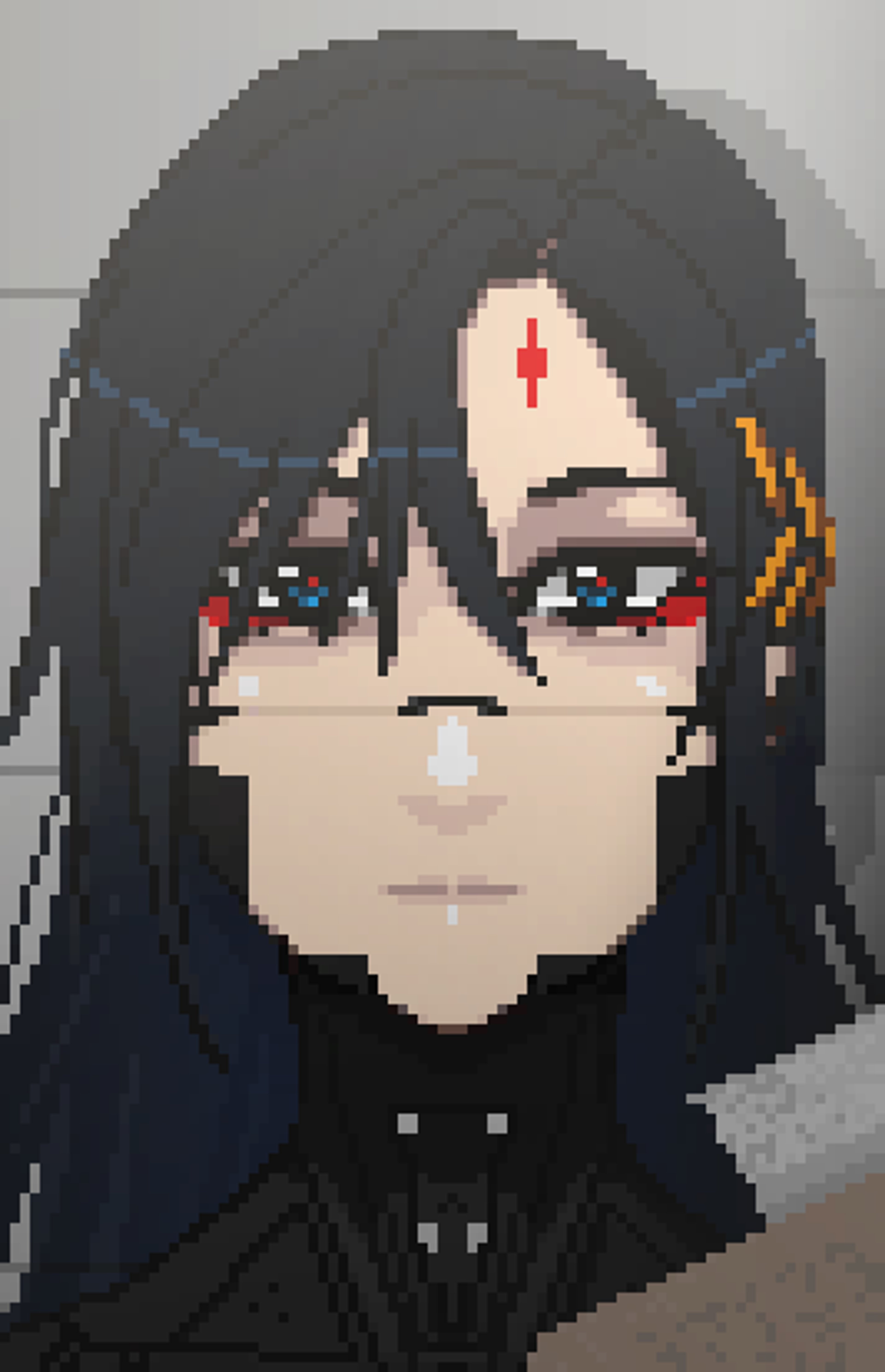 A detailed pixel art portrait of a female character with dark hair, red eyes, and a stern expression, wearing a high-collared black outfit.