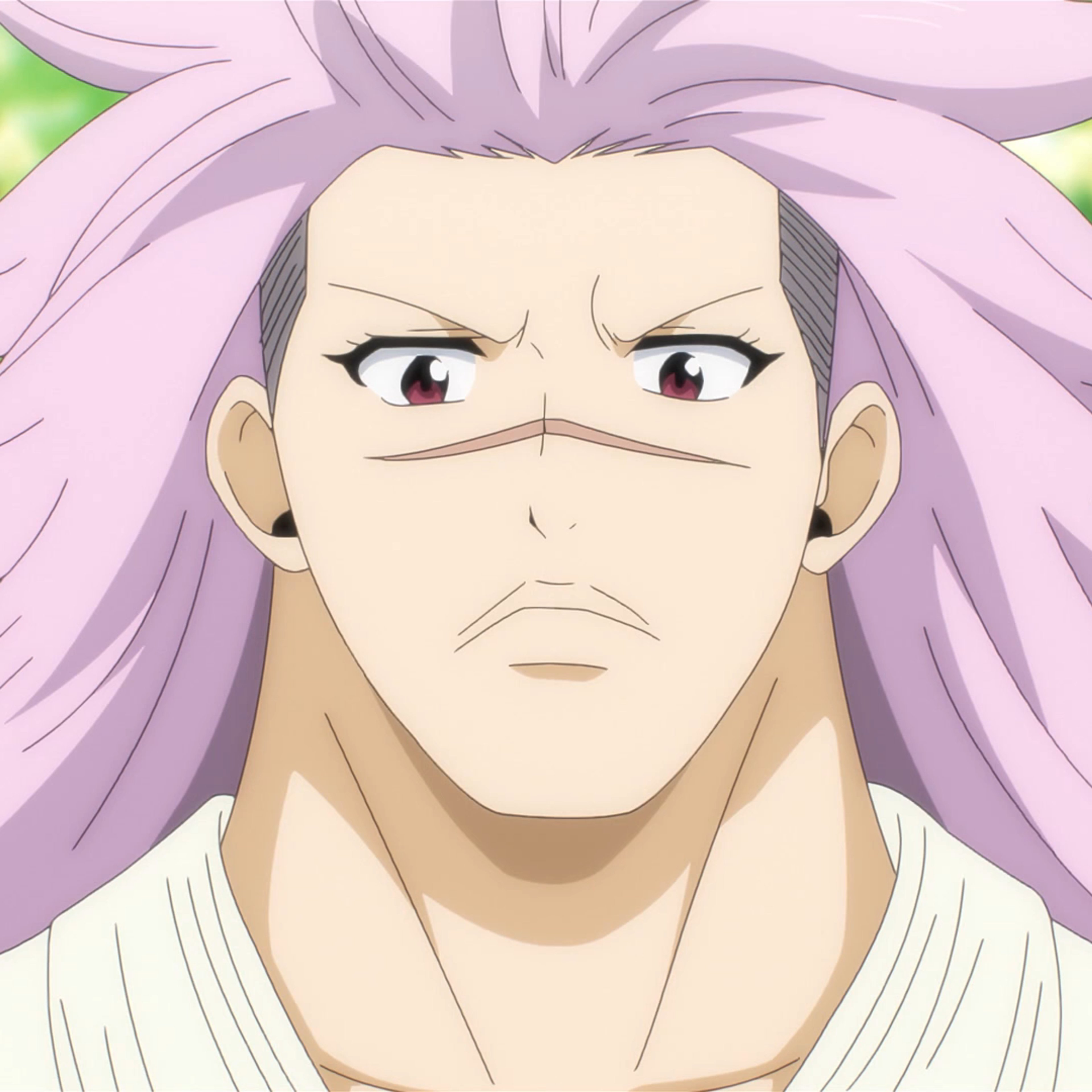 A muscular, pink-haired woman with a scar on her face, wearing a white outfit and looking stern.