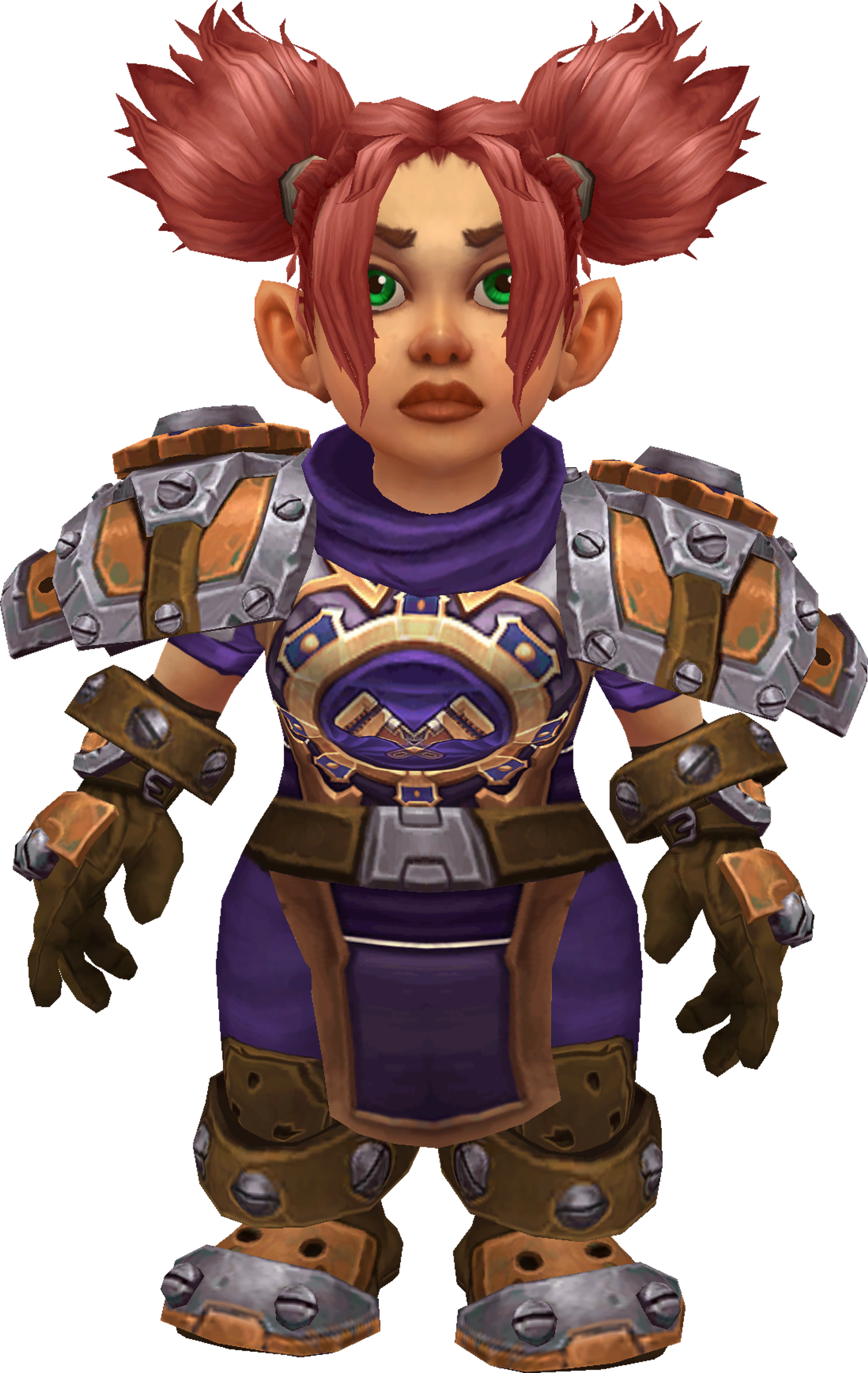 A female gnome character in a purple and gold armored outfit with mechanical components, standing in a determined pose.